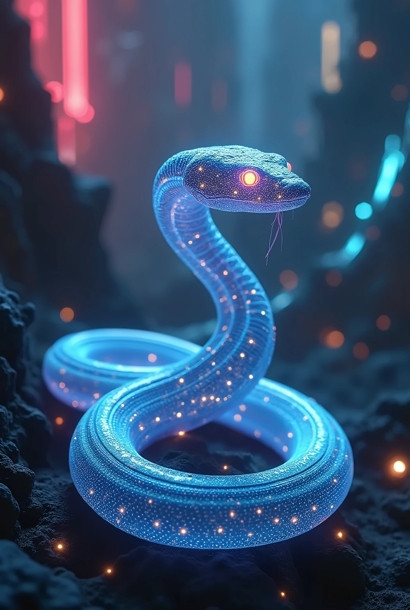 cyberpunk holographic snake, smooth and sleek snake body, alien cyberspace environment, neon glowing lights, intricate digital patterns, advanced technology, cinematic lighting, dark moody atmosphere, hyper detailed, 8k, photorealistic, masterpiece