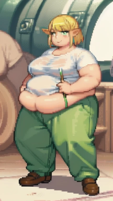 Pixel, 32 Bits, detailed eyes, 1 solo girl, obese erufuda, short hair, pointy ears, obese elf, blonde hair, (green eyes:1.5), white t-shirt with pink heart, green pants, braid, big breasts, thick thighs, ((Perfect body)), smile, big belly, very cute, 4K, PixelArt