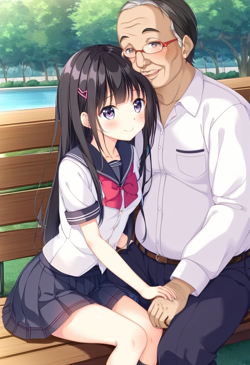 Young girl、Very cute、small、Firm breasts、Black Hair、School uniform、Troubled expression、One Girl、Park bench、sit、Middle-aged man、An old man clings to a young girl、Touching a girl&#39;s crotch