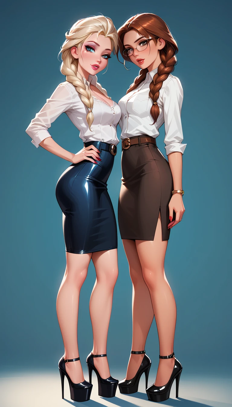 score_9, score_8_up, score_7_up, 2girls, duo, (Anna, brown hair, braided pigtails, wearing tight pencil skirt, belt, blouse, spectacles, platform heels:1.3) and (Elsa, blonde, braid, wearing tight pencil skirt, belt, blouse, spectacles, platform heels:1.2), flirt, gaze, sexy look, half-closed eyes, head tilt, filled lips, thick lips, makeup, side view, (full bodies in view) expressiveh d4rk01l, perfect hands, perfect proportions, simple background.