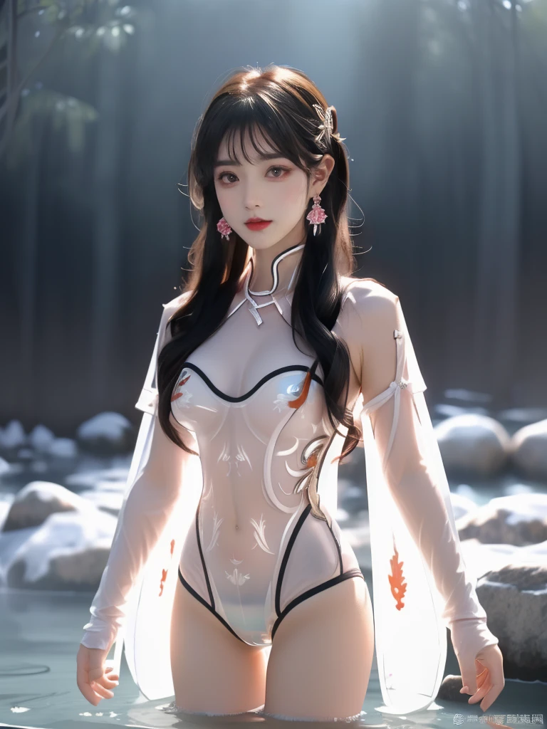 ((A woman)), 美丽脸庞的Sexy中国华裔女明星, Wearing red strappy bikini underwear, Wearing pink transparent clothes, (((Light theme, Exposing the subject, Sexy主题)))
((Transparent adhesive clothes: 1.5), (Revealing clothes: 1.5),  (Wet clothes:1.0), (Color of clothes: Pink), ((Wearing transparent clothing)))
(((night, Private hot spring, Dense bamboo forest, Standing in the water, Rainy Scene))),
((desktop:1.0), (Highest quality:1.0), (high resolution:1.2), (Reality:1.0))
((8K Ultra HD, 8K, 超high resolution, Best quality, Super Fine, Clear focus. Masterpieces, complete pattern, Ultra HD, Detailed photos, Best image quality，Ultra-clear，Delicate facial features，Well-defined, Highly rated works, Close-up depth of field photography, Above the knee, Symmetrical character)), 
((Creating the image of a real girl), Realistic shadows, Soft lighting, Dynamic Angle, Dynamic poses, Elegant Posture, Cowboy lens, Full body front view, Be confident, Facing the camera, Eyes looking towards camera lens, Standing posture, Open your legs slightly, Golden Ratio Graphics, Minimalism, Center the character), 
( Smile, Sexy的, Balanced Eyes, Realistic eyes, Beautiful details of the eyes,Pretty Face, (Realistic face), Normal facial features, Realistic skin, Pay attention to skin details, Skin is clean and radiant, Whitening, Anatomically correct body, Golden ratio figure, Sexy的身材), 
(Perfect makeup, Gloves, earrings</input></xml>, bracelet, necklace, Jewelry, Hair accessories, shawl, sock, Knee socks, 吊garter, Leg ring, garter, 腿部garter), 
((beautiful hair), Dark black hair, Wavy curly hairstyle, Waist-length hair, Messy Hairstyle, Gradient hairstyles, Cyberpunk Hairstyle, High double ponytail hairstyle), 
(Sexy的, Perfect breast shape, Teardrop chest shape, Snow-white breasts, Very detailed breasts, 34C cup), 
(Super high waist, Deep V, Low-cut, Sexy, Flattering, Open crotch, (Clear camel toe, (High fork strangulation))),
(((Clear outline, Clear underwear, 透明Sexy的穿着)))