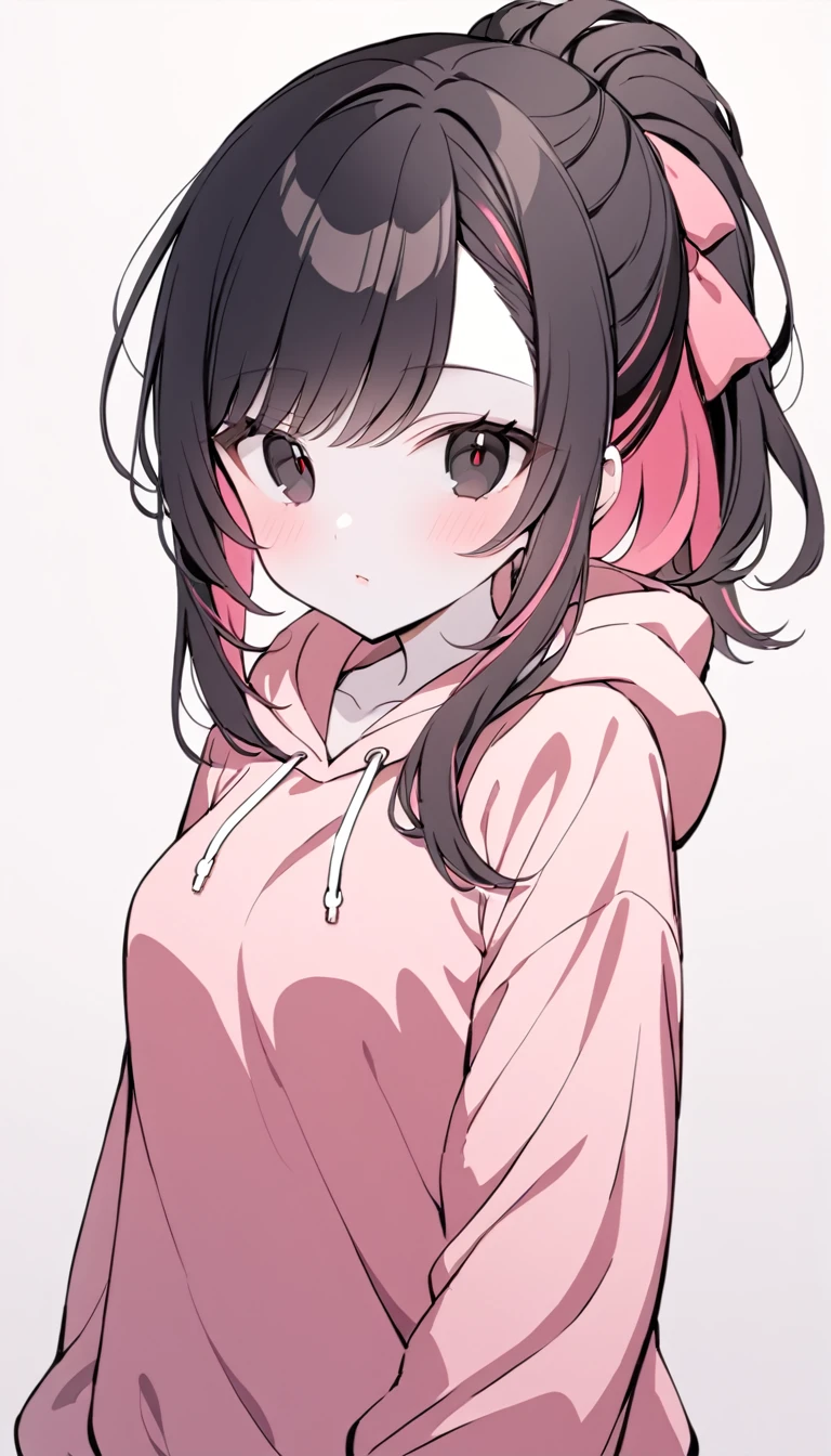 1 Girl, Medium Breasts, Raven Black Hair, Light Red Highlights In Hair, Ponytail Hair Style, Pink Ribbon In Hair, Long Hair, Light Red And Black Eyes, Pale Skin, Smooth Skin, Soft Features, Nice Lips, Cute Face, Cute Pink Clothes, Baggy Hoodie, Only Wearing a Hoodie 