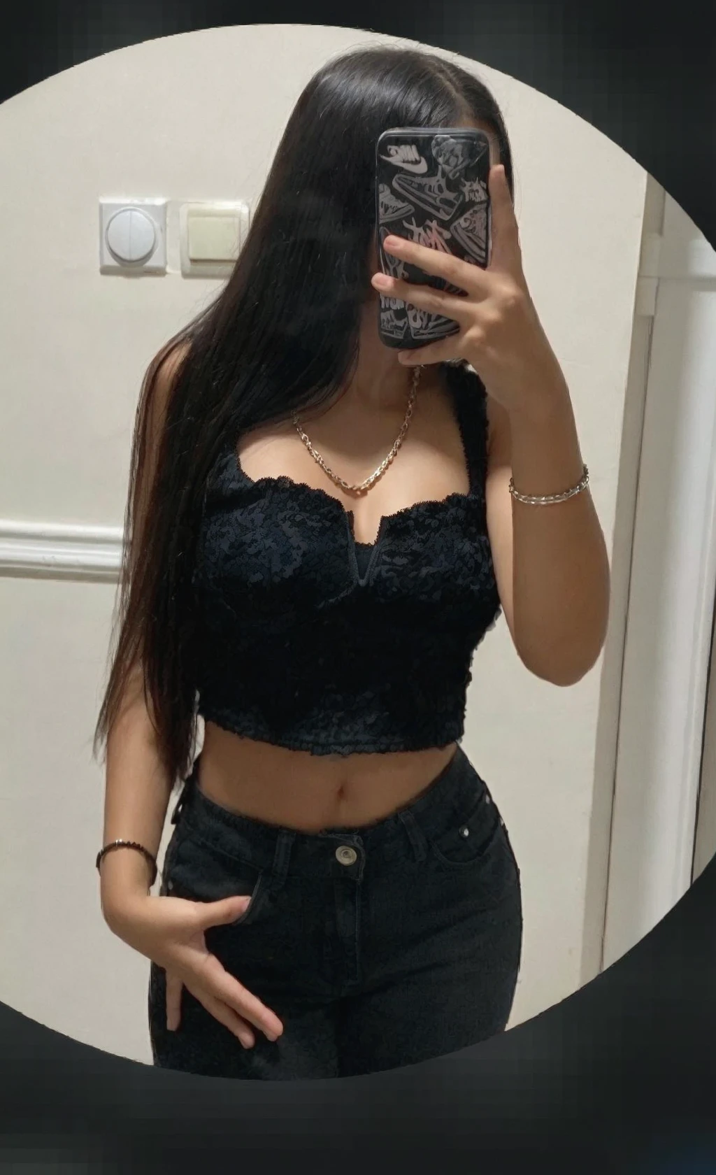there is a woman taking a selfie in a mirror, wearing black choker, outfit photo, wearing a sexy cropped top, wearing intricate black choker, wearing!!! NO clothes!!!, wearing choker, cropped shirt with jacket, a black choker, revealing outfit, very very low quality picture, black outfit, full body picture, wearing a fancy black jacket, very sexy outfit, Big, huge , no clothes, sexy, cute, no clothes, thick, bbw, chubby stomach, thick nipples, nipple piercings, large areola, hard nipples, piercing through shirt, busty, major cleavage, naked, ripping through top, spilling over sides, bra too tight, extra wide hips, fat bbw, showing off huge belly, fat stomach, fat bbw, big tummy, bare stomach, uncovered stomach, play with stomach, belly muffin top, belly hanging out of clothes, belly out, muffin top spilling over, no clothes, naked, big fat belly, belly fat spilling out, no clothes
