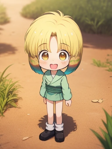 nyannyan, 1girl, solo, blonde hair,  open mouth, brown eyes, short hair, multicolored hair, blush, child, masterpiece, best quality, very aesthetic, absurdres, 1girl, smile, looking at viewer, open mouth, blush, eyebrows visible through hair, :d, standing by self, embarrassed, white legwear, smile, looking at viewer, standing by self, (flat chest,  Girl:1.3), full body, HDR, uhd, front shot, public park, Desert, Lotus, Pokémon, White Wolf, Colorful Gradient, Clay Animation, Goldfish, Green Snake