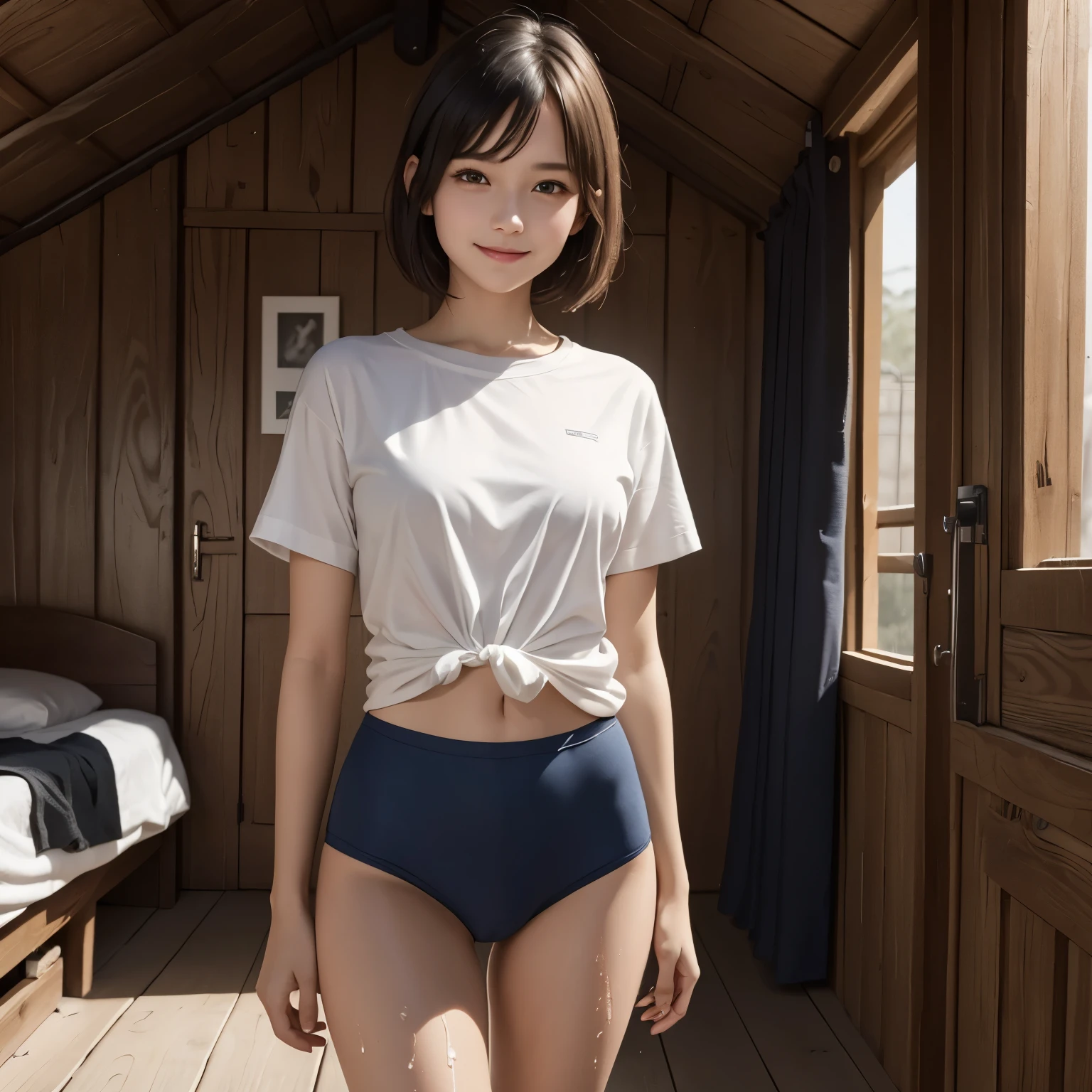full shot, a 12 years pld girl, bangs, small hips, plaid panties, smile, in her room, (night:1.8), (moody lighting:1.2)