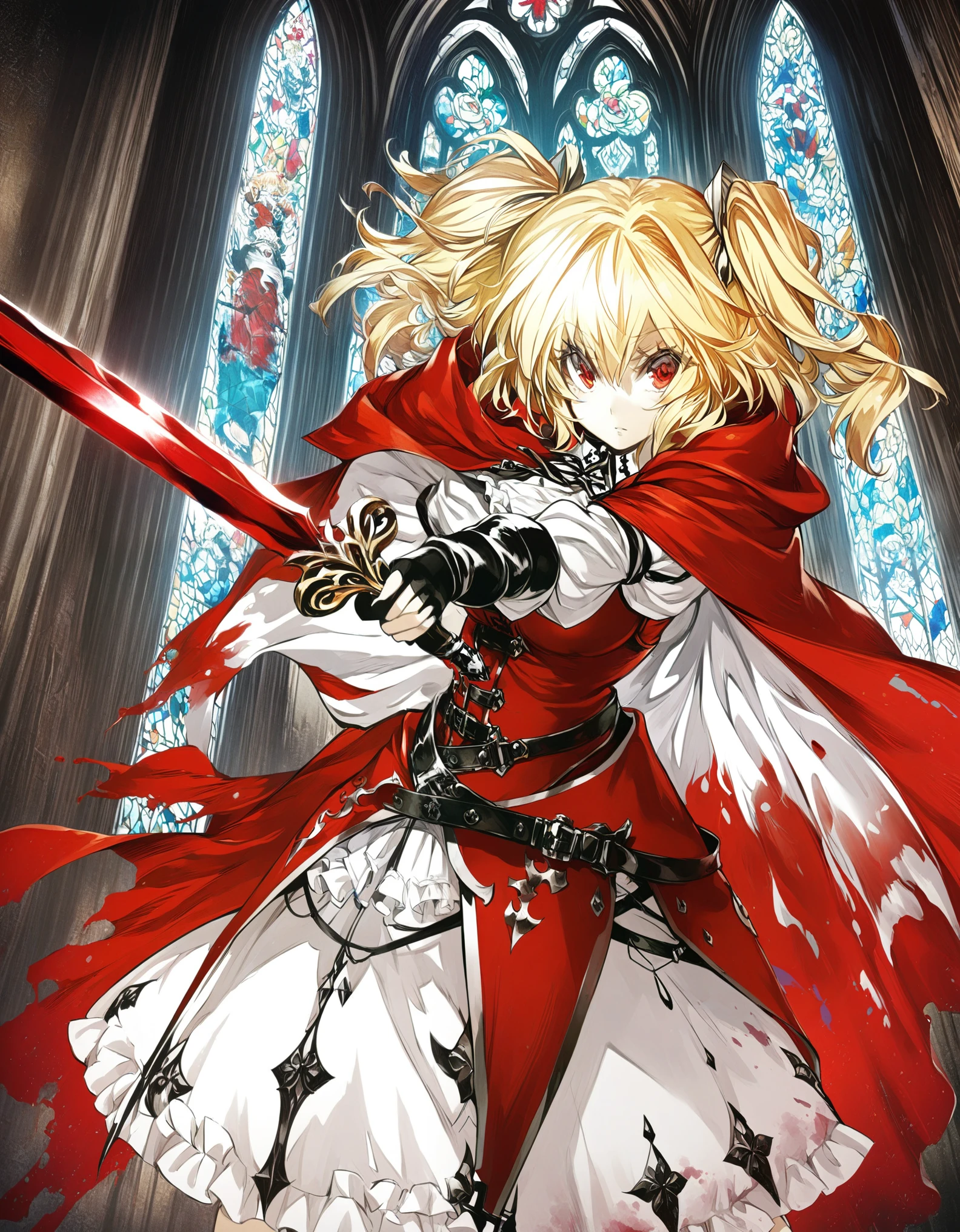 1girl, solo, cowboy shot, white shirts, red long cape cloak, red corset, frills red skirt, black fingerless gloves, knee boots, blonde, two side up, red eye, (holding a sword), 
Anime Girls, dutch angle, acrobatic pose, Gloomy painting style, church, stained glass
Score_9,Score_8,score_7_up,source_anime, rating_questionable,