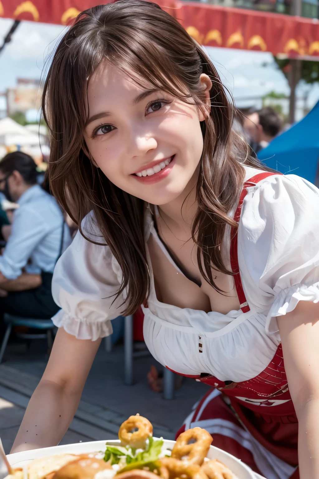 realistic, cinematic, photogenic, Oktoberfest, in an urban area, a very lively crowd around, festive atmosphere, see some tent beyond, under the sunshine, crouching down, peer up from below, upturned eyes, eating relish some pretzels and sausages, big smile, laughing out loud, wearing dirndl dresses, bright brown hair, pompadour hairstyle, twisted bangs, hair is blowing in the wind, hair is shaggy and dishevelled, a flushed face from drunkenness, a little sweaty, a tipsy expression, beautiful white translucent skin, slendar figure, a little exposed chest, heavy and vivid makeup, detailed rendering, cinematic lighting, vibrant colors, photorealistic, best quality, 8k, hyperdetailed