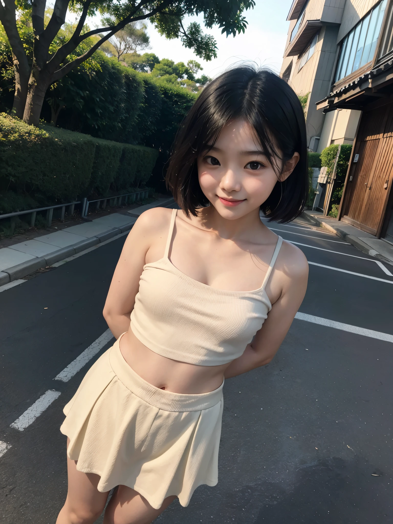 Neat and clean high school girl、((((Long white silk camisole、White panties))))、Outside the stadium、(slim)、Realistic、detailed, Skin Texture, 超detailed、Delicate and sexy collarbone、A sloppy smile、スーバーdetailedな顔、detailed唇、detailedな目、Small breasts、Small breasts、、Small breasts、Flat Chest、Accentuate your breasts、Bright Face、((Are standing、スカートからWhite pantiesが見えている、Lift the hem of your skirt slightly with both hands..,,)), Short hair with bangs、Straight Bob Hair、、Top view、14 years old、、(((Dark sunburn、Tanned brown skin、Black skin color)))、(Dark brown skin:1.)