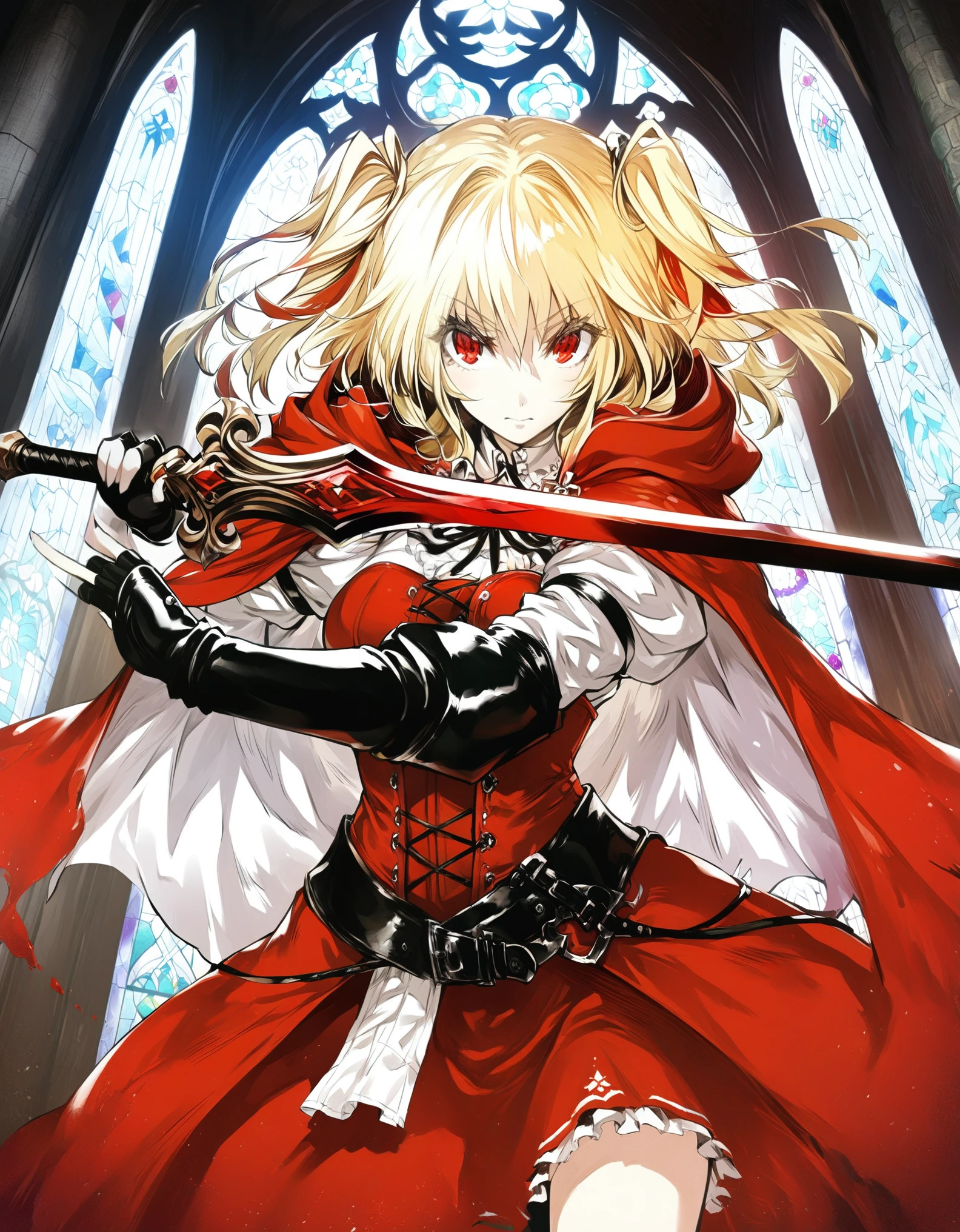 1girl, solo, cowboy shot, white shirts, red long cape cloak, red corset, frills red skirt, black fingerless gloves, knee boots, blonde, two side up, red eye, (holding a sword), 
Anime Girls, dutch angle, acrobatic pose, Gloomy painting style, church, stained glass
Score_9,Score_8,score_7_up,source_anime, rating_questionable,