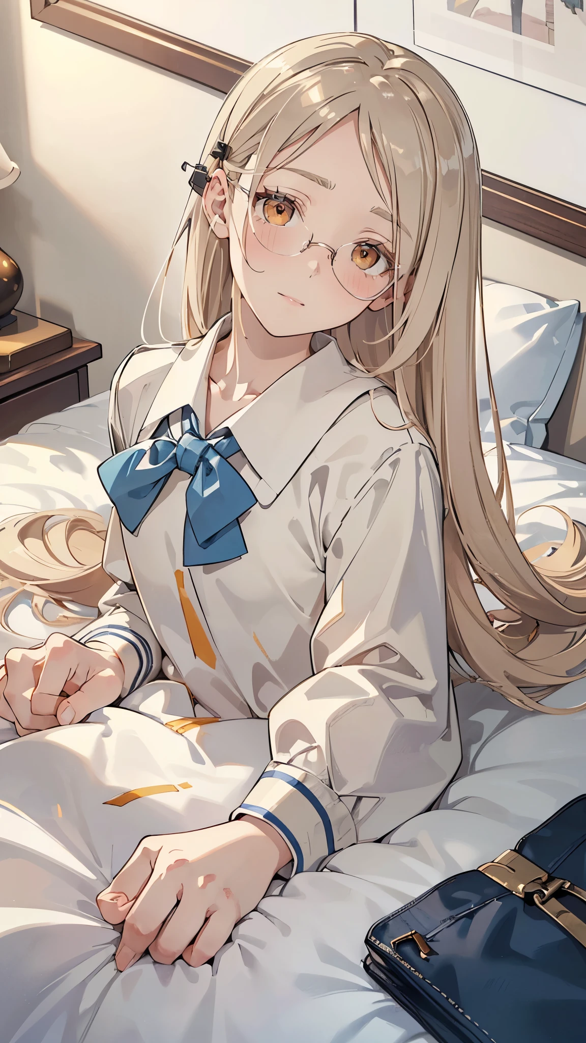 masterpiece, ultra detailed, 8k portrait, RAW photo, portrait photography, Highly detailed face, beautiful and meticulous eyes, (amber color eyes:1.5), (Glasses:1.2), (blush:1.5), (tilt one's head:1.5), (lie down on bed:1.5), outdoor, half sleeves shirt, (full blue school uniform:1.7), cute girl, (platinum blond hair:1.5), (platinum blond colored eyelash:1.5), (medium hair:1.0), (parted bangs:1.5), (hairpin1.5), (sleepy face:1.0), young girl, 1girl, beauty girl, pretty girl, 159cm, 41kg, (skinny:1.5),