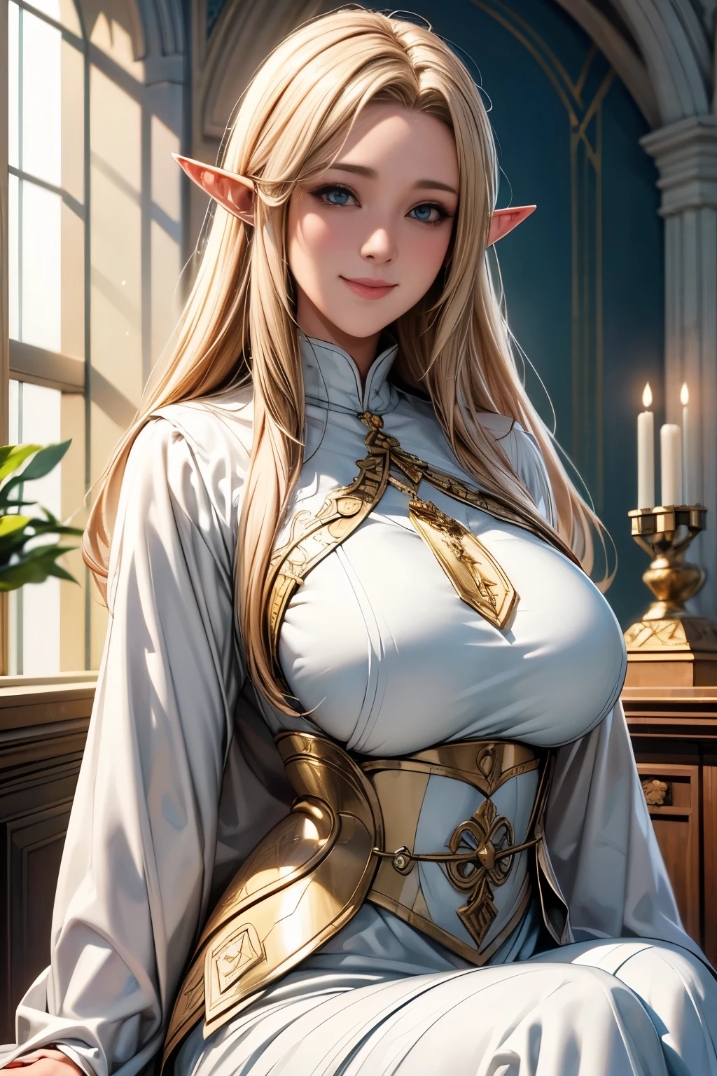 Perfect natural light、8K High Resolution、High resolution、Beautiful woman、masterpiece、Beautiful Mature Woman、RPG style different world、Elf Woman、Blonde Saint、Light Spirit Magic、Large Breasts、Pilgrimage、Delicately decorated sacred vestments、smile