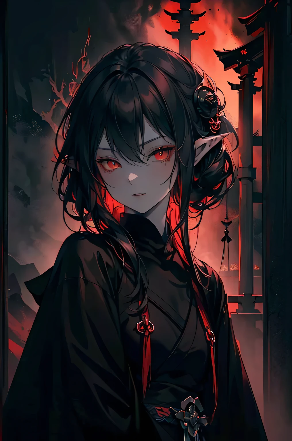 (dark fantasy:1.3), (black and red theme:1.3), (dark theme:1.3), (in the dark:1.3), (1dark elf:1.3), solo, portrait of extremely pretty and cool beauty female dark elf, wearing a dark gothic dress, in front of Japanese Temple Torii, Torii, ruined temple, dark forest, magic, fantasy, fog, smog, steam, light veil, front view,