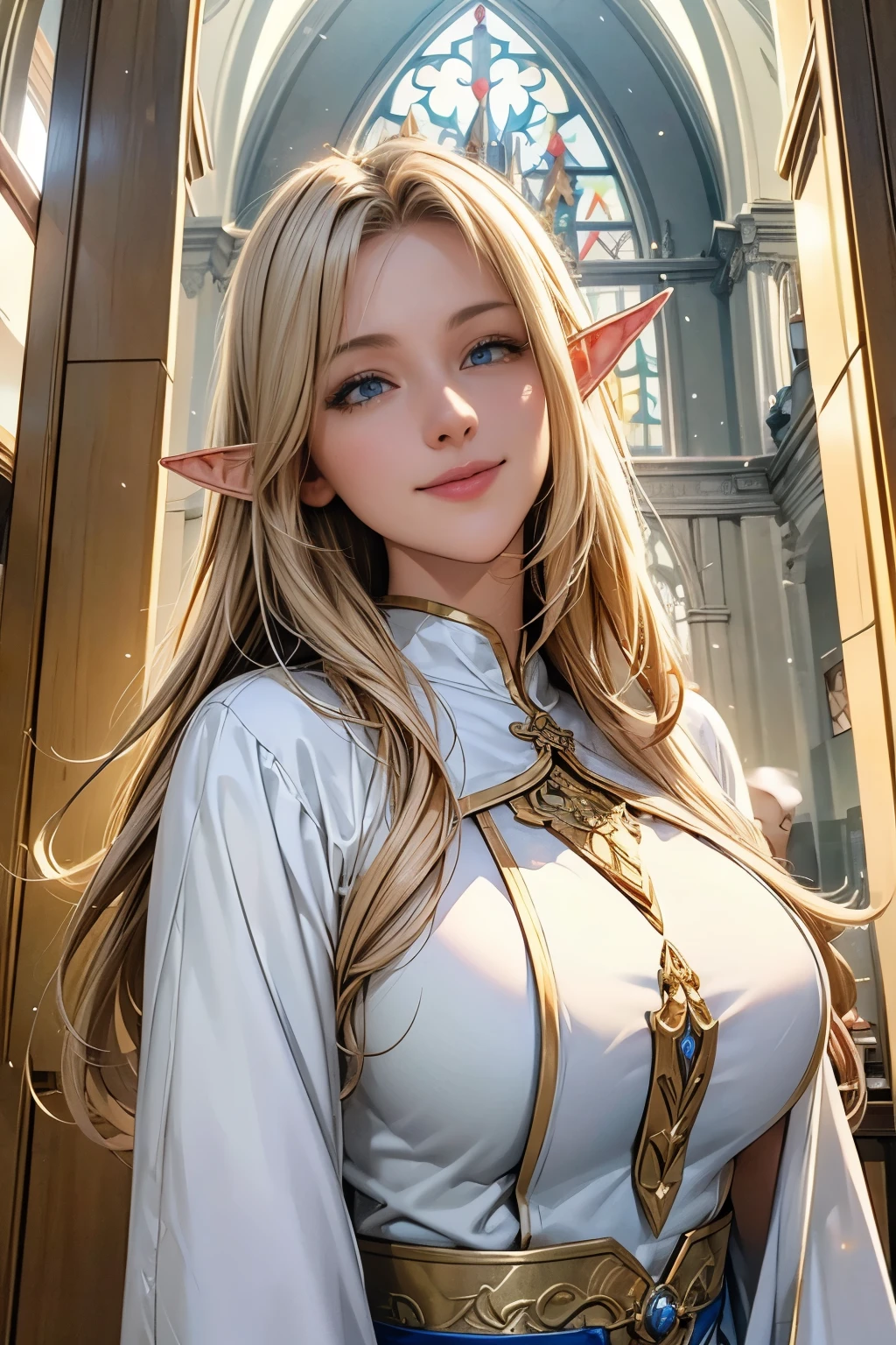 Perfect natural light、8K High Resolution、High resolution、Beautiful woman、masterpiece、Beautiful Mature Woman、RPG style different world、Elf Woman、Blonde Saint、Light Spirit Magic、Large Breasts、Pilgrimage、Delicately decorated sacred vestments、smile