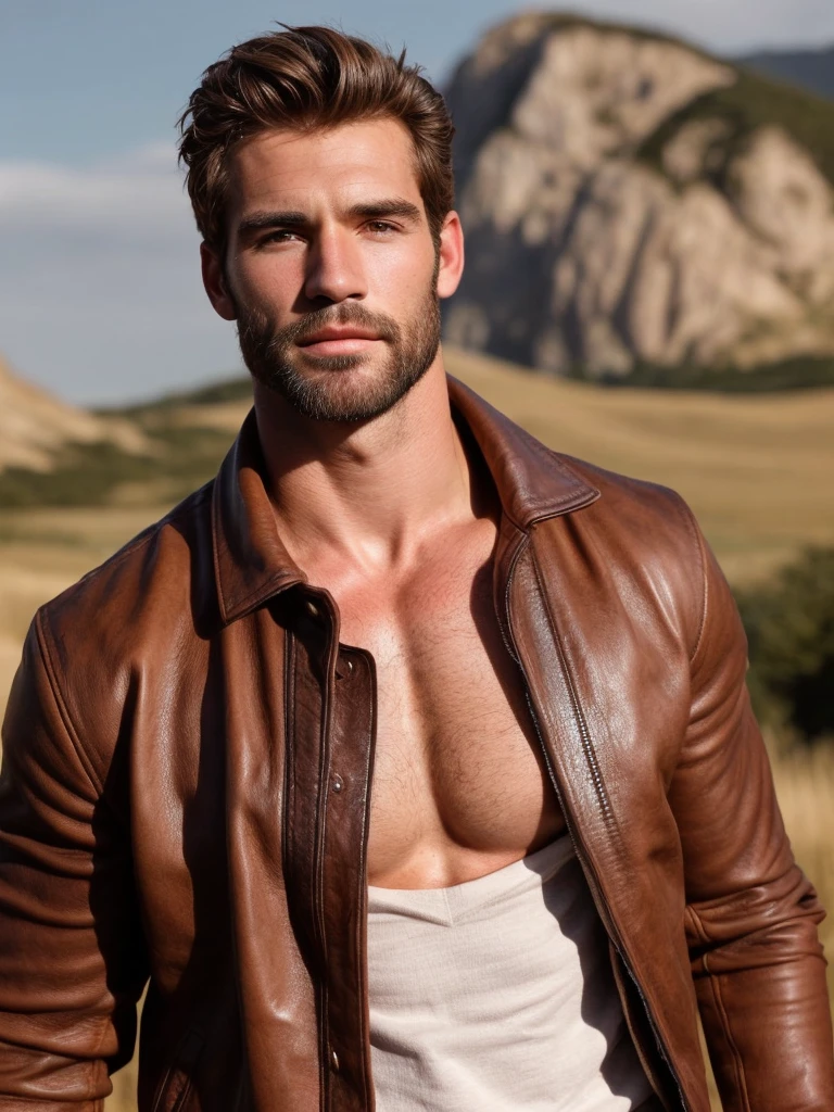 Short hair, portrait of a ruggedly handsome, muscular, half body, masculine, mature, Retrato de un joven, Muscular very handsome and attractive spanis real men, old male, Retrato de un joven, Muscular, real, autunmal landscape, leather jacket.