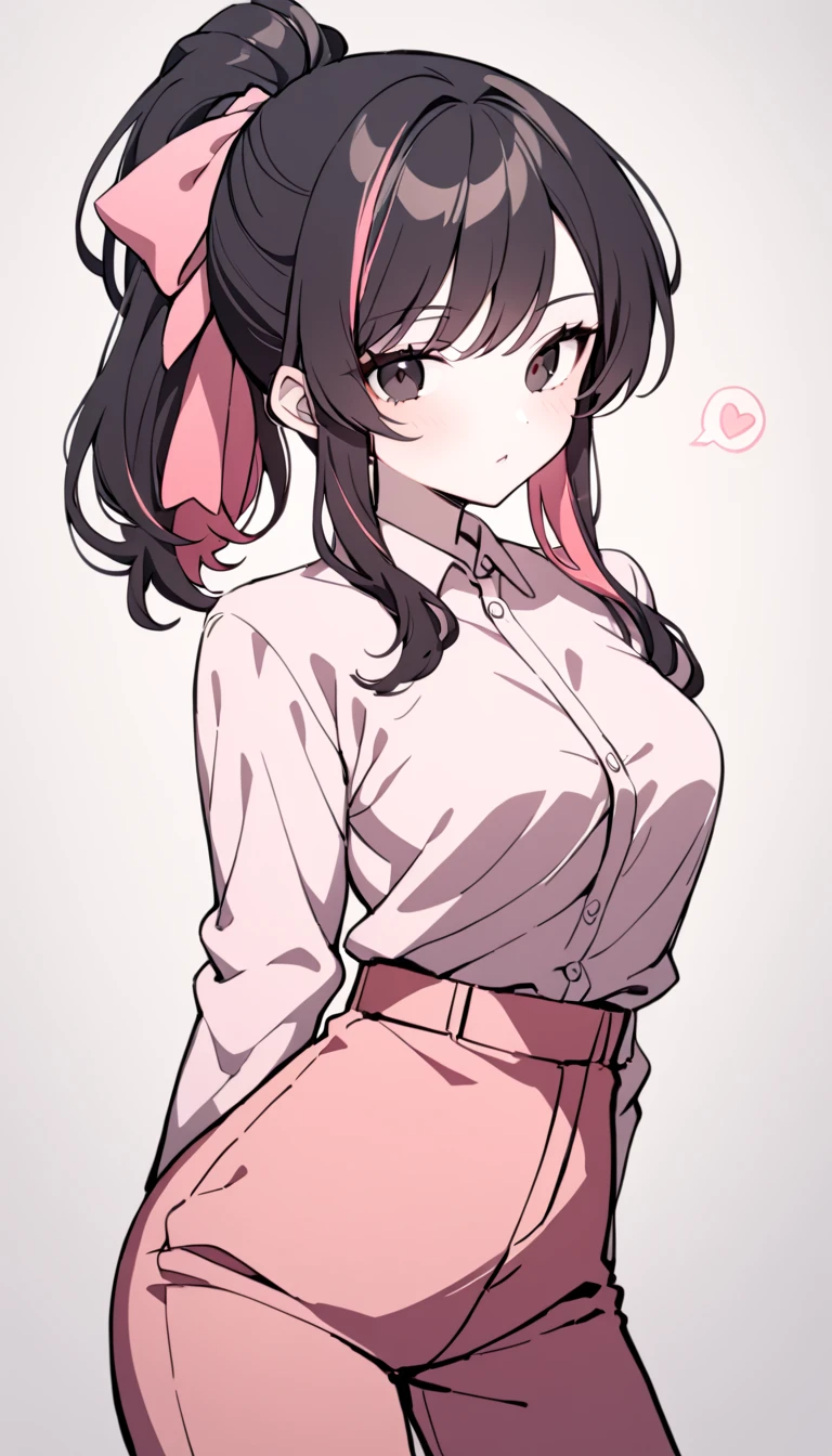 1 Girl, Medium Breasts, Raven Black Hair, Light Red Highlights In Hair, Ponytail Hair Style, Pink Ribbon In Hair, Long Hair, Light Red And Black Eyes, Pale Skin, Smooth Skin, Soft Features, Nice Lips, Cute Face, Cute Pink Clothes, Men's Button Up Shirt, Dress Pants, Shirt Tucked Into Pants, 