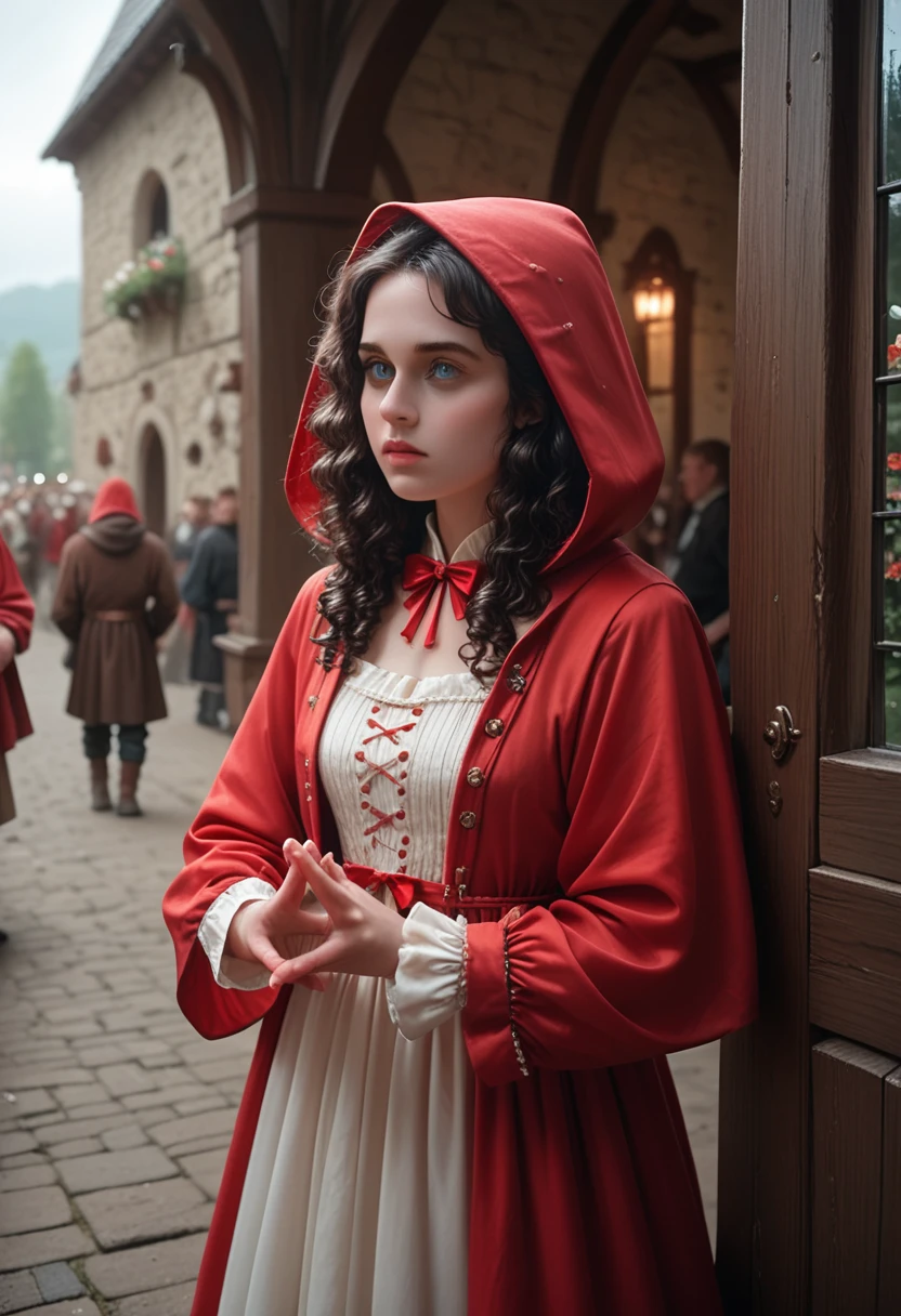 Lily Collins with black curly hair and red hood, medieval clothing, bow and arrows in hands, entrance to the arena, the landscape is filled with stands and spectators, watching the illustration, Detailed, smooth and bright, HD Art by Sithemer Liu