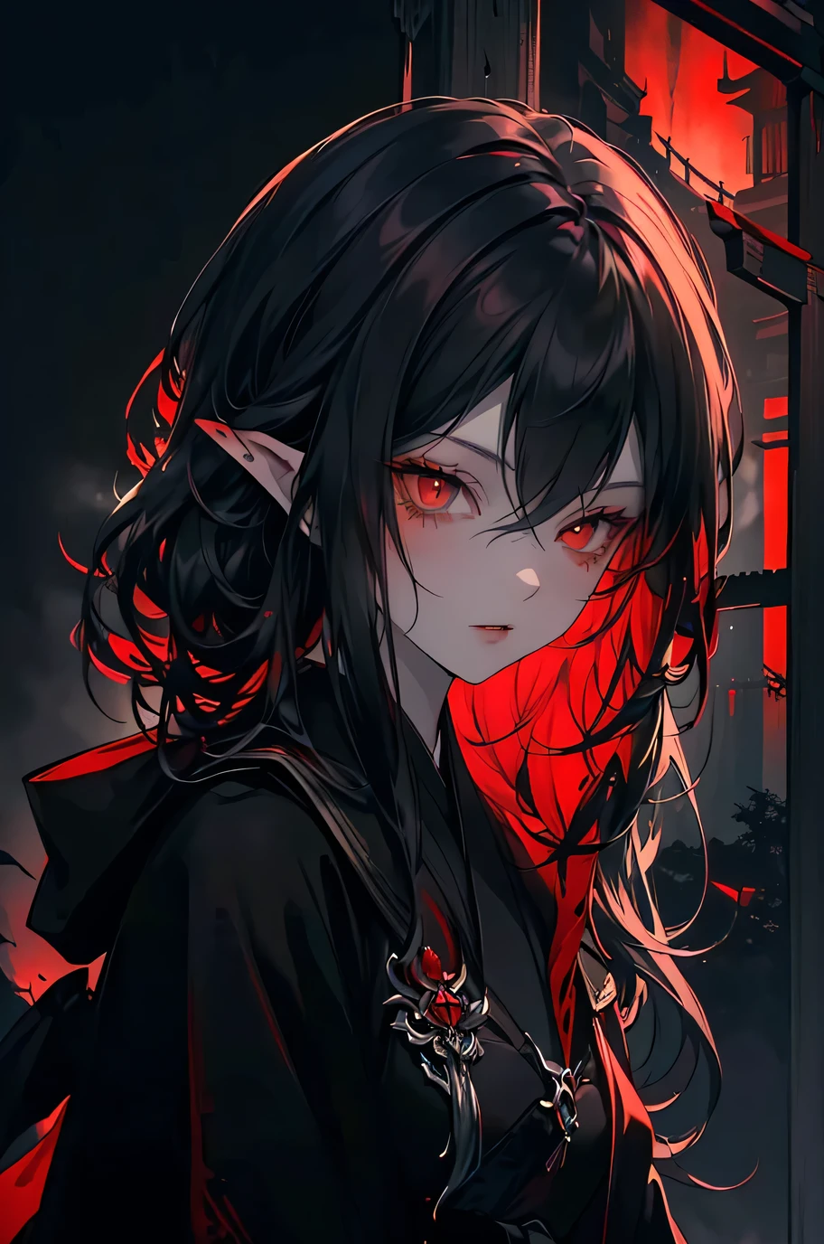 (dark fantasy:1.3), (black and red theme:1.3), (dark theme:1.3), (in the dark:1.3), (1dark elf:1.3), solo, portrait of extremely pretty and cool beauty female dark elf, wearing a dark gothic dress, in front of Japanese Temple Torii, Torii, ruined temple, dark forest, magic, fantasy, fog, smog, steam, light veil, front view,