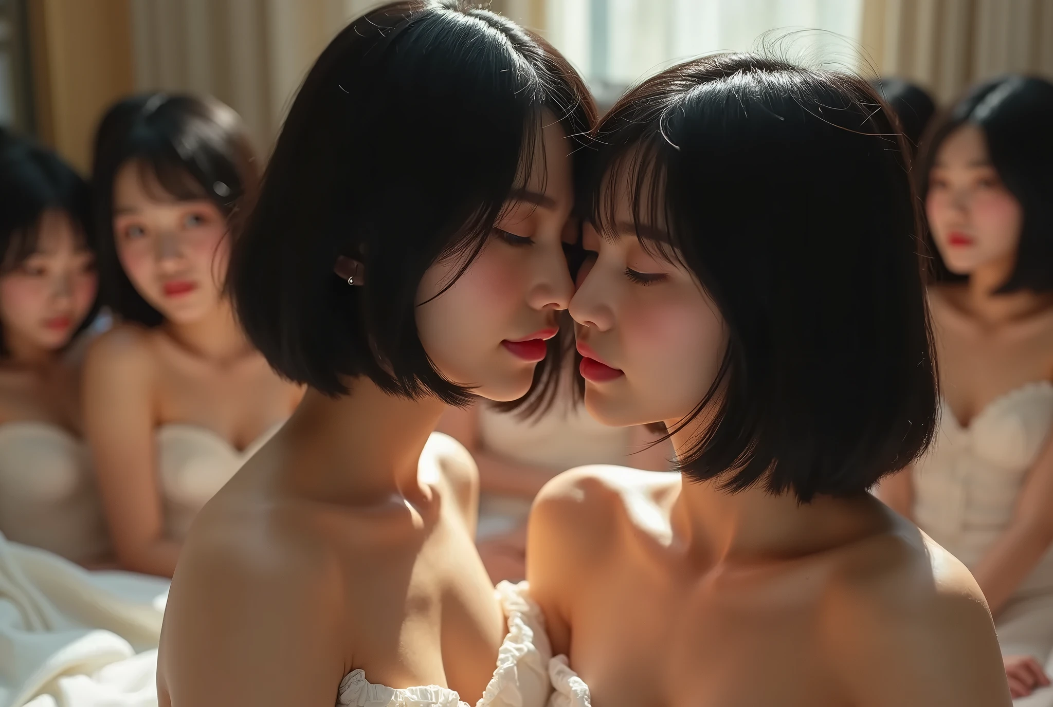 Tabletop、masterpiece,(Completely naked:1.3) (Stock Emphasis:1.3)、Glamour、Natural light、 Attention to detail, Depth of written boundary, 135mm, Textured skin, Super detailed, high quality, Awards, 最high quality, High resolution, 8K, White skin,30 years old、(Two women facing each other:1.5),Correct skeleton,(Big Breasts:1.3),(Thick thighs),(Toned arms),(Big Ass),(Beautiful back),(Side Shot;1.3),(Side view:1.5),(In the locker room)