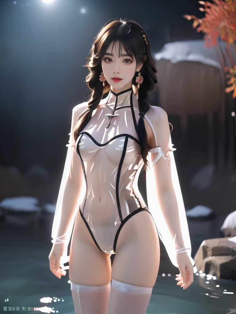 ((A woman)), 美丽脸庞的Sexy中国华裔女明星, Wearing red strappy bikini underwear, Wearing pink transparent clothes, (((Light theme, Exposing the subject, Sexy主题)))
((Transparent adhesive clothes: 1.5), (Revealing clothes: 1.5),  (Wet clothes:1.0), (Color of clothes: Pink), ((Wearing transparent clothing)))
(((night, Private hot spring, Dense bamboo forest, Standing in the water, Rainy Scene))),
((desktop:1.0), (Highest quality:1.0), (high resolution:1.2), (Reality:1.0))
((8K Ultra HD, 8K, 超high resolution, Best quality, Super Fine, Clear focus. Masterpieces, complete pattern, Ultra HD, Detailed photos, Best image quality，Ultra-clear，Delicate facial features，Well-defined, Highly rated works, Close-up depth of field photography, Above the knee, Symmetrical character)), 
((Creating the image of a real girl), Realistic shadows, Soft lighting, Dynamic Angle, Dynamic poses, Elegant Posture, Cowboy lens, Full body front view, Be confident, Facing the camera, Eyes looking towards camera lens, Standing posture, Open your legs slightly, Golden Ratio Graphics, Minimalism, Center the character), 
( Smile, Sexy的, Balanced Eyes, Realistic eyes, Beautiful details of the eyes,Pretty Face, (Realistic face), Normal facial features, Realistic skin, Pay attention to skin details, Skin is clean and radiant, Whitening, Anatomically correct body, Golden ratio figure, Sexy的身材), 
(Perfect makeup, Gloves, earrings</input></xml>, bracelet, necklace, Jewelry, Hair accessories, shawl, sock, Knee socks, 吊garter, Leg ring, garter, 腿部garter), 
((beautiful hair), Dark black hair, Wavy curly hairstyle, Waist-length hair, Messy Hairstyle, Gradient hairstyles, Cyberpunk Hairstyle, High double ponytail hairstyle), 
(Sexy的, Perfect breast shape, Teardrop chest shape, Snow-white breasts, Very detailed breasts, 34C cup), 
(Super high waist, Deep V, Low-cut, Sexy, Flattering, Open crotch, (Clear camel toe, (High fork strangulation))),
(((Clear outline, Clear underwear, 透明Sexy的穿着)))