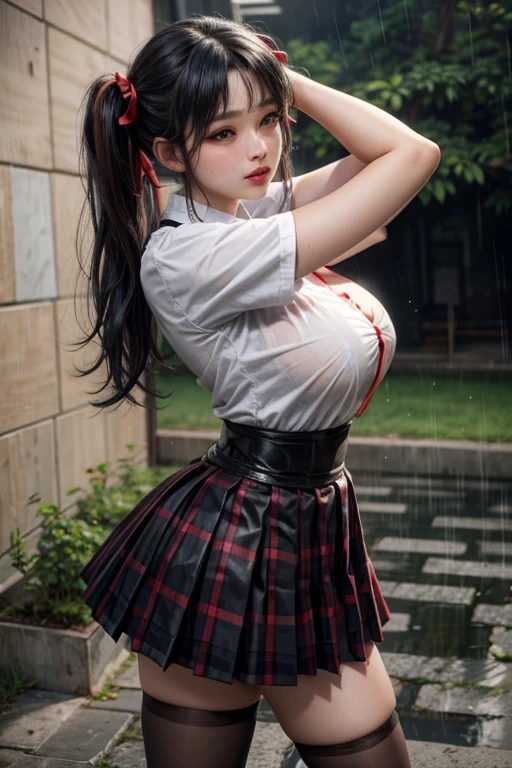 1womanl,Brown hair,Red ribbons ,((Impatient expression)),Beautiful ,White shirt,Red dress,well-styled,,(Facing the front)(((Blushing cheeks、embarassed expression)),(((The skirt is rolled up by the wind)))