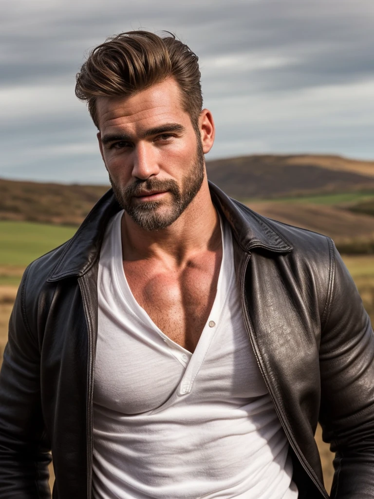 Short hair, portrait of a ruggedly handsome, muscular, half body, masculine, mature, Retrato de un joven, Muscular very handsome and attractive spanis real men, old male, Retrato de un joven, Muscular, real, autunmal landscape, white shirt and black leather jacket.