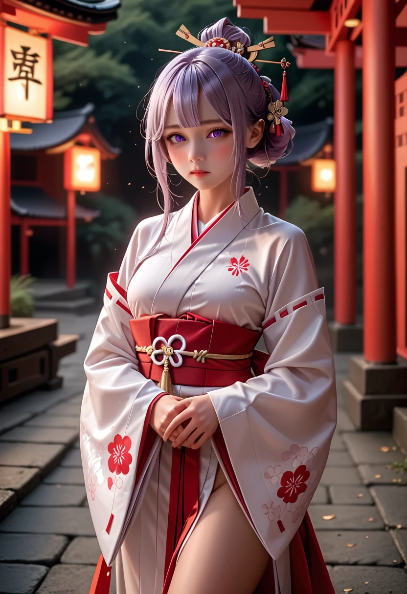 (best quality:1.4), high resolution, masterpiece,, 1 girl,, Light purple hair purple eyes, (CHEMOMIMES), medium breastsbare thin thighs,, hair decoration, (red|white japanese miko clothes), separate sleeves,, blush,, flashlight, shrine,, detailed face,