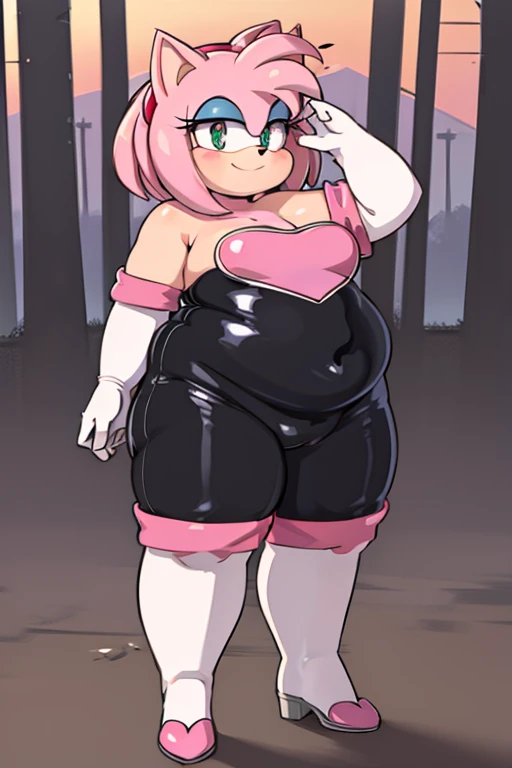 score_9, score_8_up, 2D, flat color, looking at viewer, (1girl), (solo), very detailed, extremely detailed, obese Amy Rose from the sonic the hedgehog series, portrait, seductive smile, hair down, hair bangs, medium breast, milf, Rouge cosplay, cosplay, Rouge the Bat outfit, she wears a black skin-tight and strapless low-cut jumpsuit, a pink heart-shaped chest plate outlined with thin white trim, elbow-length white gloves and thigh-high high-heeled boots with pink cuffs to match them, with the latter featuring both gray soles and heels, along with steel toes in the appearance of pink hearts, matching her jumpsuit's chest plate, Standing up on a beautiful day, filled with trees and flowers, sunset, Masterpiece, high quality, wingless
