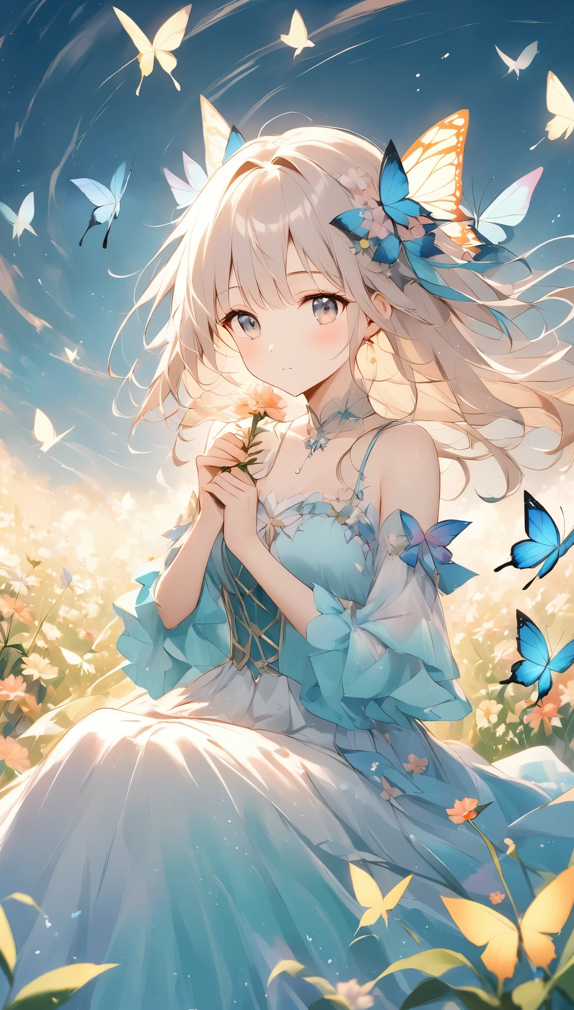 ((Pale lines and soft colors create a dreamlike effect., Fleeting Impressions..)),woman,Girl sitting in a flower field、spiral curl,A butterfly with a slightly sad expression々View、A butterfly resting on your index finger々、Butterflies around々Dance、Beautiful work