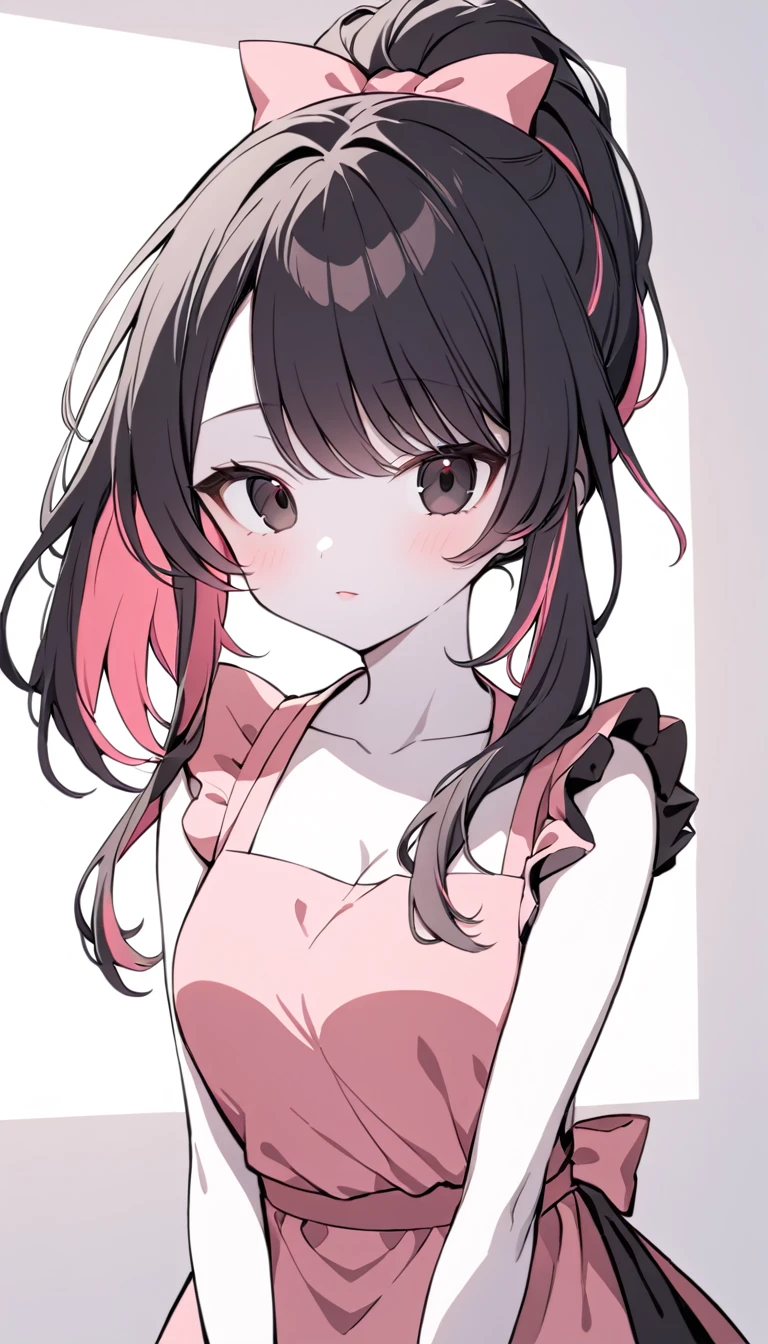 1 Girl, Medium Breasts, Raven Black Hair, Light Red Highlights In Hair, Ponytail Hair Style, Pink Ribbon In Hair, Long Hair, Light Red And Black Eyes, Pale Skin, Smooth Skin, Soft Features, Nice Lips, Cute Face, Cute Pink Clothes, Apron, Only Wearing a Apron  