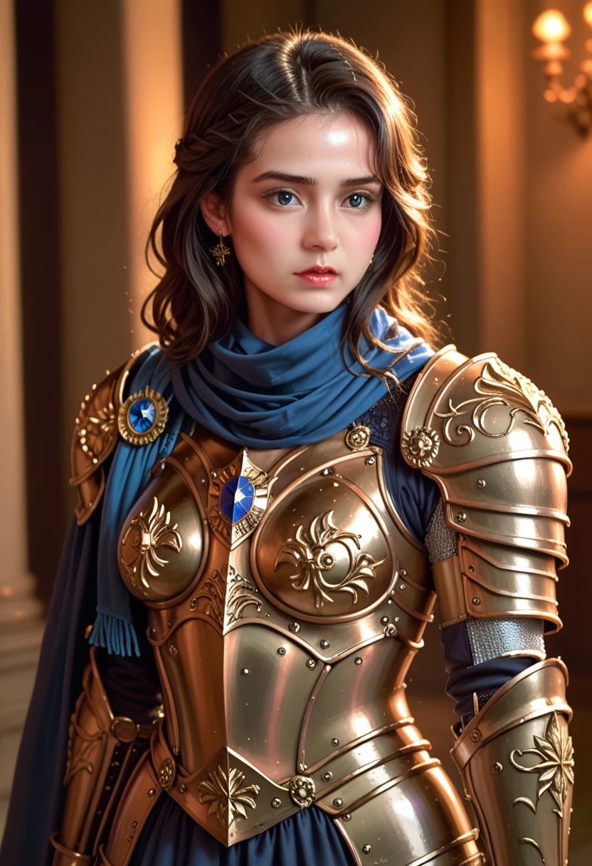 masterpiece, absurdity, Small details, HDR,highly detailed armor with gold plating, shiny armor, photorealistic,PLD_armor, a female knight in armor, wearing PLD_armor, blue scarf