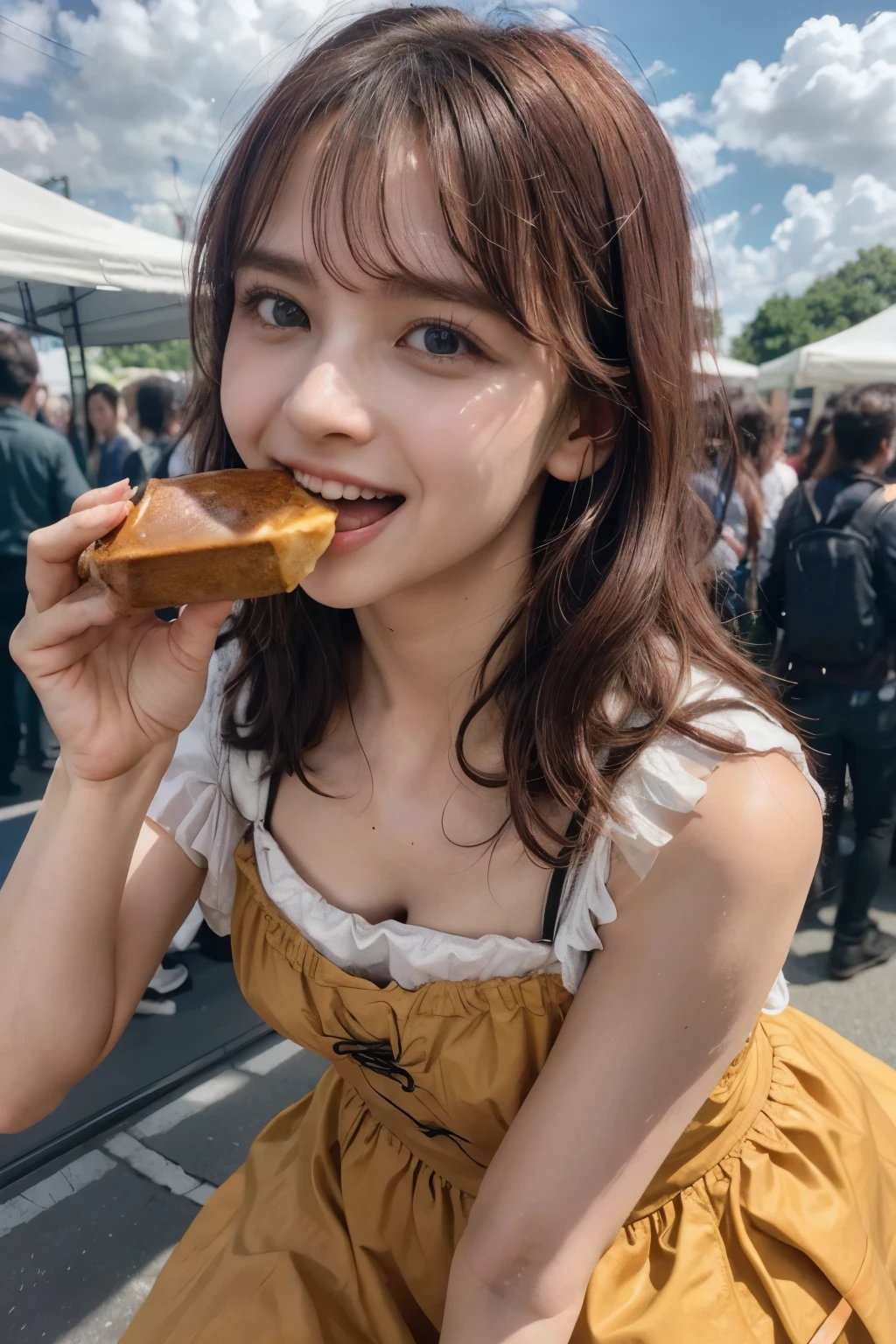 realistic, cinematic, photogenic, Oktoberfest, in an urban area, a very lively crowd around, festive atmosphere, see some tent beyond, under the sunshine, crouching down, shot from directly above, ultra close-up, looking up at me from below, upturned eyes, eating a sausage with holding it, open mouth wide and stuff the sausage into mouth, big smile, laughing out loud, wearing dirndl dresses, bright brown hair, pompadour hairstyle, twisted bangs, hair is blowing in the wind, hair is shaggy and dishevelled, a flushed face from drunkenness, a little sweaty, a tipsy expression, beautiful white translucent skin, slendar figure, a little exposed chest, heavy and vivid makeup, detailed rendering, cinematic lighting, vibrant colors, photorealistic, best quality, 8k, hyperdetailed