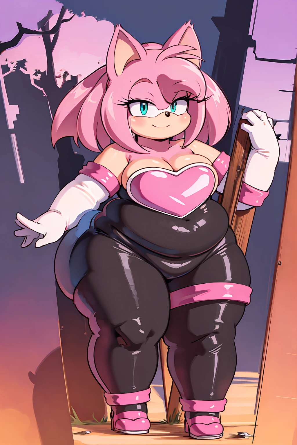 score_9, score_8_up, 2D, flat color, looking at viewer, (1girl), (solo), very detailed, extremely detailed, obese Amy Rose from the sonic the hedgehog series, portrait, seductive smile, hair down, hair bangs, medium breast, milf, Rouge cosplay, cosplay, Rouge the Bat outfit, she wears a black skin-tight and strapless low-cut jumpsuit, a pink heart-shaped chest plate outlined with thin white trim, elbow-length white gloves and thigh-high high-heeled boots with pink cuffs to match them, with the latter featuring both gray soles and heels, along with steel toes in the appearance of pink hearts, matching her jumpsuit's chest plate, Standing up on a beautiful day, filled with trees and flowers, sunset, Masterpiece, high quality, wingless
