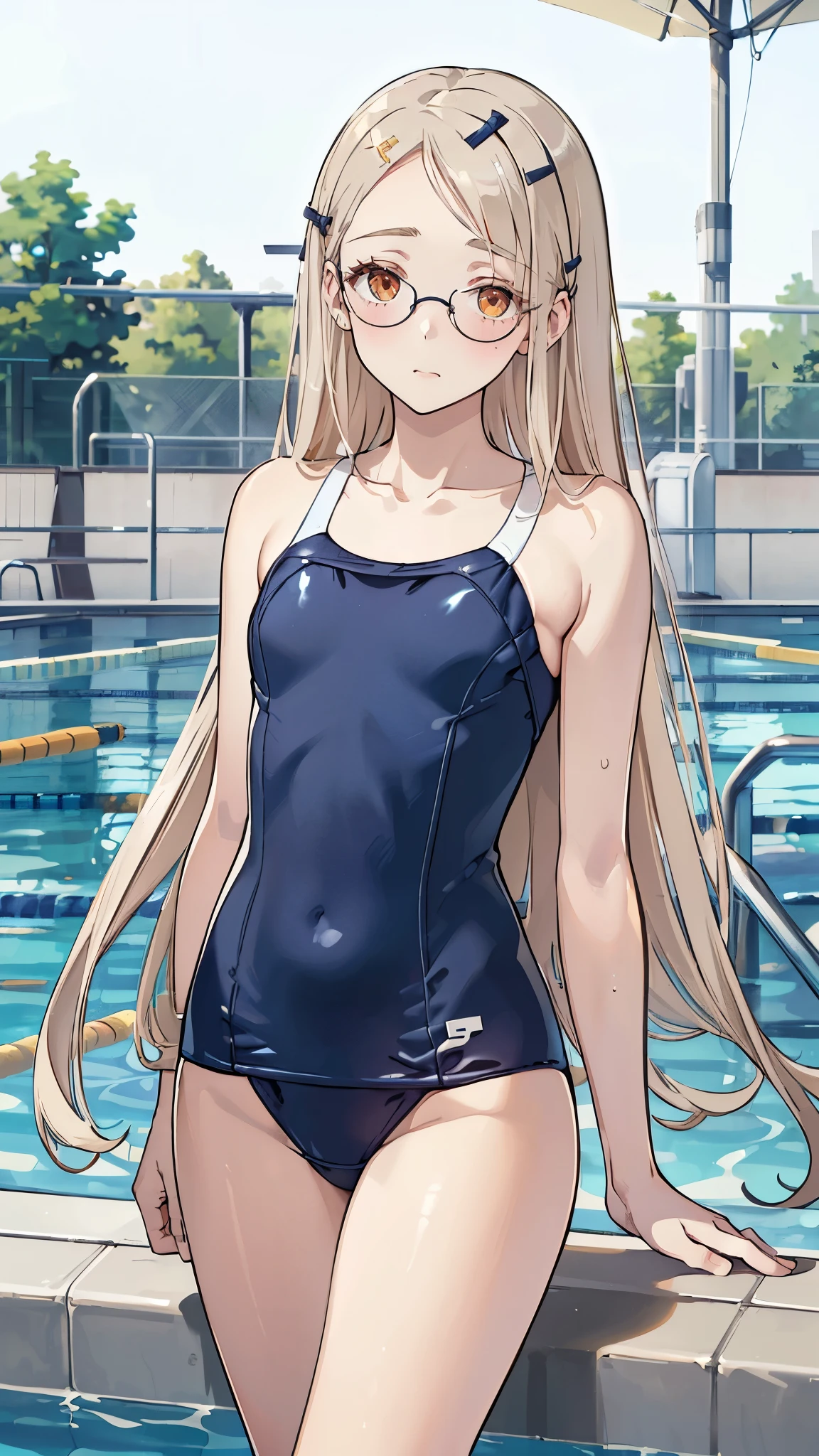 masterpiece, ultra detailed, 8k portrait, RAW photo, portrait photography, Highly detailed face, beautiful and meticulous eyes, (amber color eyes:1.5), (Glasses:1.2), (blush:1.5), (tilt one's head:1.5), (standing by the poolside:1.5), outdoor, half sleeves shirt, (navy blue simple school swimwear:1.7), cute girl, (platinum blond hair:1.5), (platinum blond colored eyelash:1.5), (medium hair:1.0), (parted bangs:1.5), (hairpin1.5), (sleepy face:1.0), young girl, 1girl, beauty girl, pretty girl, 159cm, 41kg, (skinny:1.5),
