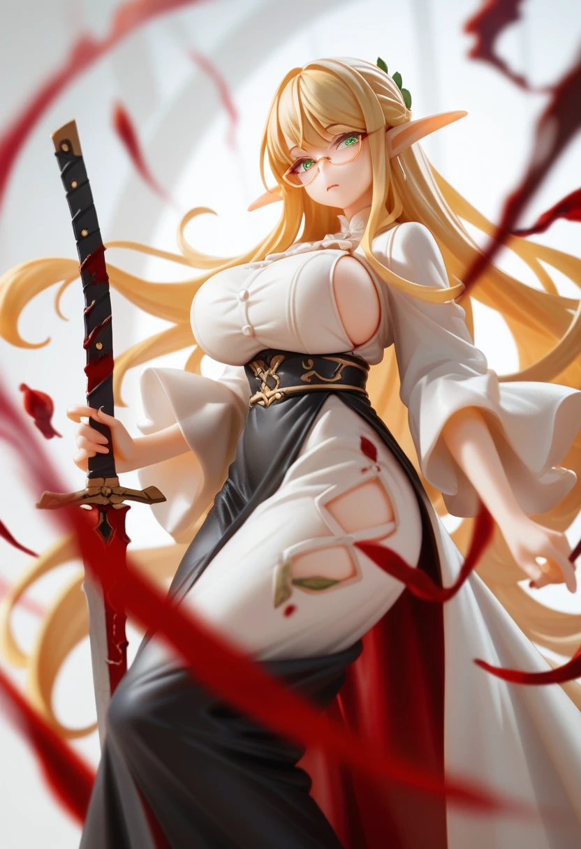 Blonde　Long Hair　Elf　Glasses　milf　Big Breasts　Black long dress　Holding a bloody longsword　In the background is a pile of corpses