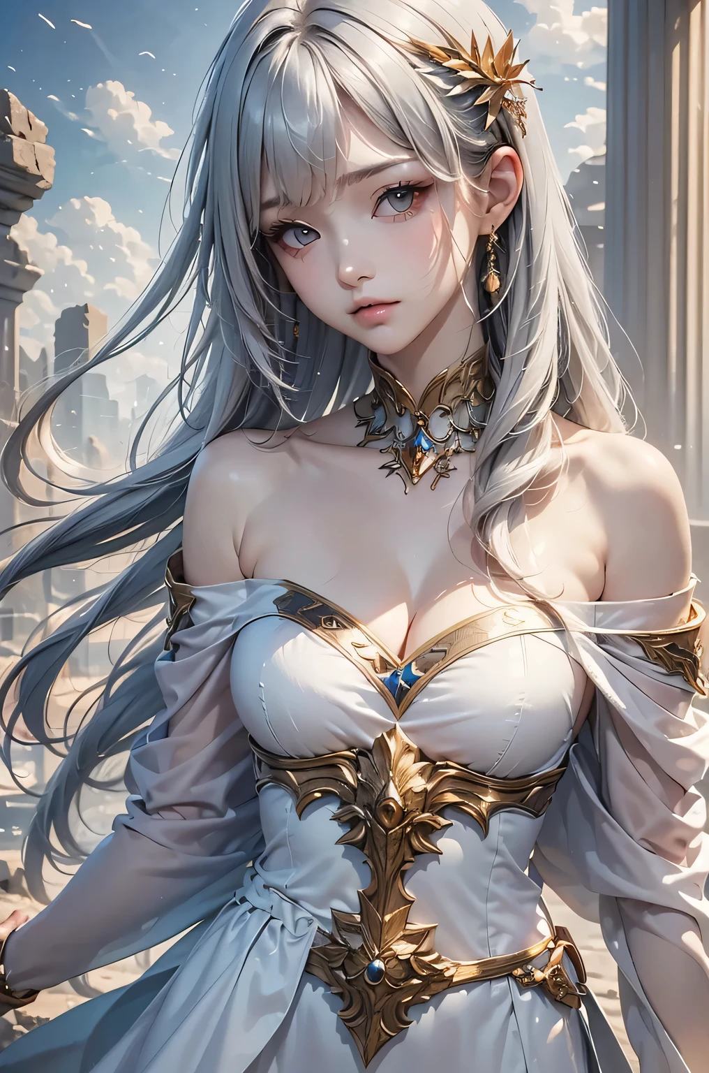 masterpiece, Best Quality, Very detailed, 1girl, Gray Hair, face: sweet girl, medium breasts,  off shoulder, angel, fantasy character, arms, weapons, war. ruins. 