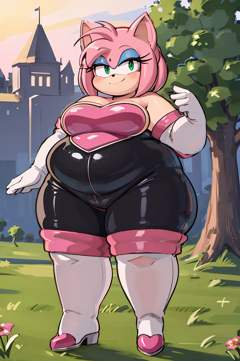 score_9, score_8_up, 2D, flat color, looking at viewer, (1girl), (solo), very detailed, extremely detailed, obese Amy Rose from the sonic the hedgehog series, portrait, seductive smile, hair down, hair bangs, medium breast, milf, Rouge cosplay, cosplay, Rouge the Bat outfit, she wears a black skin-tight and strapless low-cut jumpsuit, a pink heart-shaped chest plate outlined with thin white trim, elbow-length white gloves and thigh-high high-heeled boots with pink cuffs to match them, with the latter featuring both gray soles and heels, along with steel toes in the appearance of pink hearts, matching her jumpsuit's chest plate, Standing up on a beautiful day, filled with trees and flowers, sunset, Masterpiece, high quality, wingless
