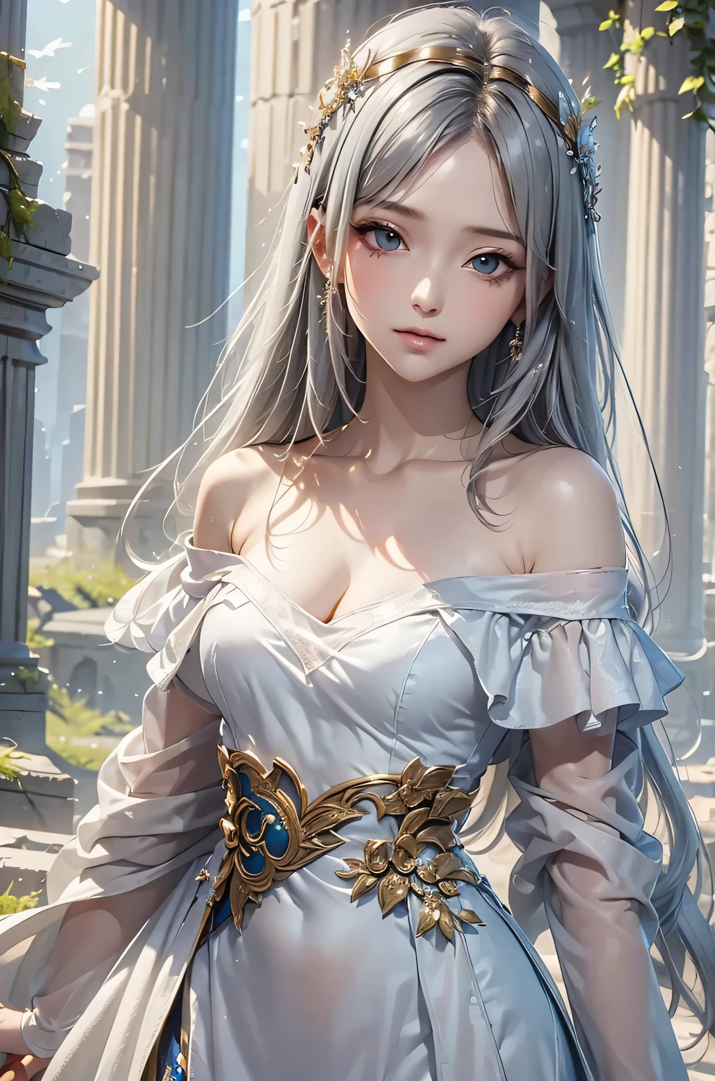 masterpiece, Best Quality, Very detailed, 1girl, Gray Hair, face: sweet girl, medium breasts,  off shoulder, angel, fantasy character, arms, weapons, war. ruins. 