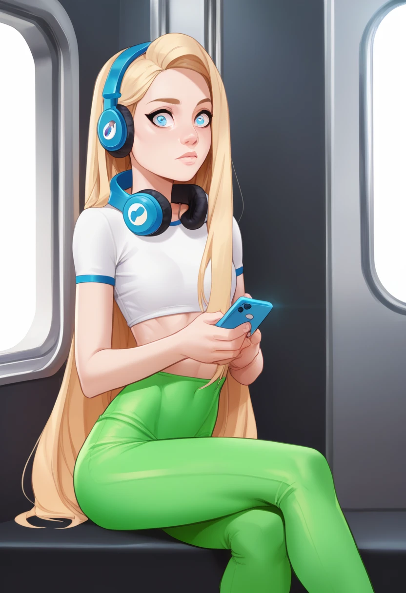 blonde woman sitting on a train with headphones on and looking at her phone, absurdly long blonde hair, blonde girl, blonde swedish woman, long blonde hair and big eyes, tight attire, she has a distant expression, beautiful blonde girl, wearing tight simple clothes, tight outfit, with long blond hair, , tight fit, long blonde hair and large eyes, plano contra picado