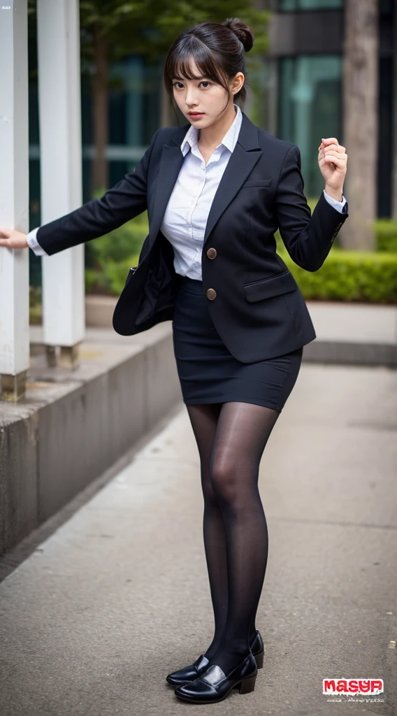 create an image of a business woman 30 with expression of success and confidence, pose de perfil de lado olhando para frente, imagem fundo escuropeeing self, wetting her clothes, can't hold her pee face, wetting herself desperate, pee desperation pose, her body can't hold her pee and wets herself ultra desperate in the middle of the cicty in absolute desperaton wetting herself, pee runing down her legs, standing up, hyper pee desperate face, big pee pudle