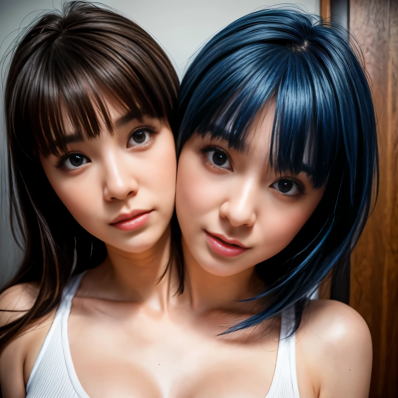 (twoheads:1.2), A woman with blue hair and Asian eyes with bangs、Kissing a dark-haired Japanese woman