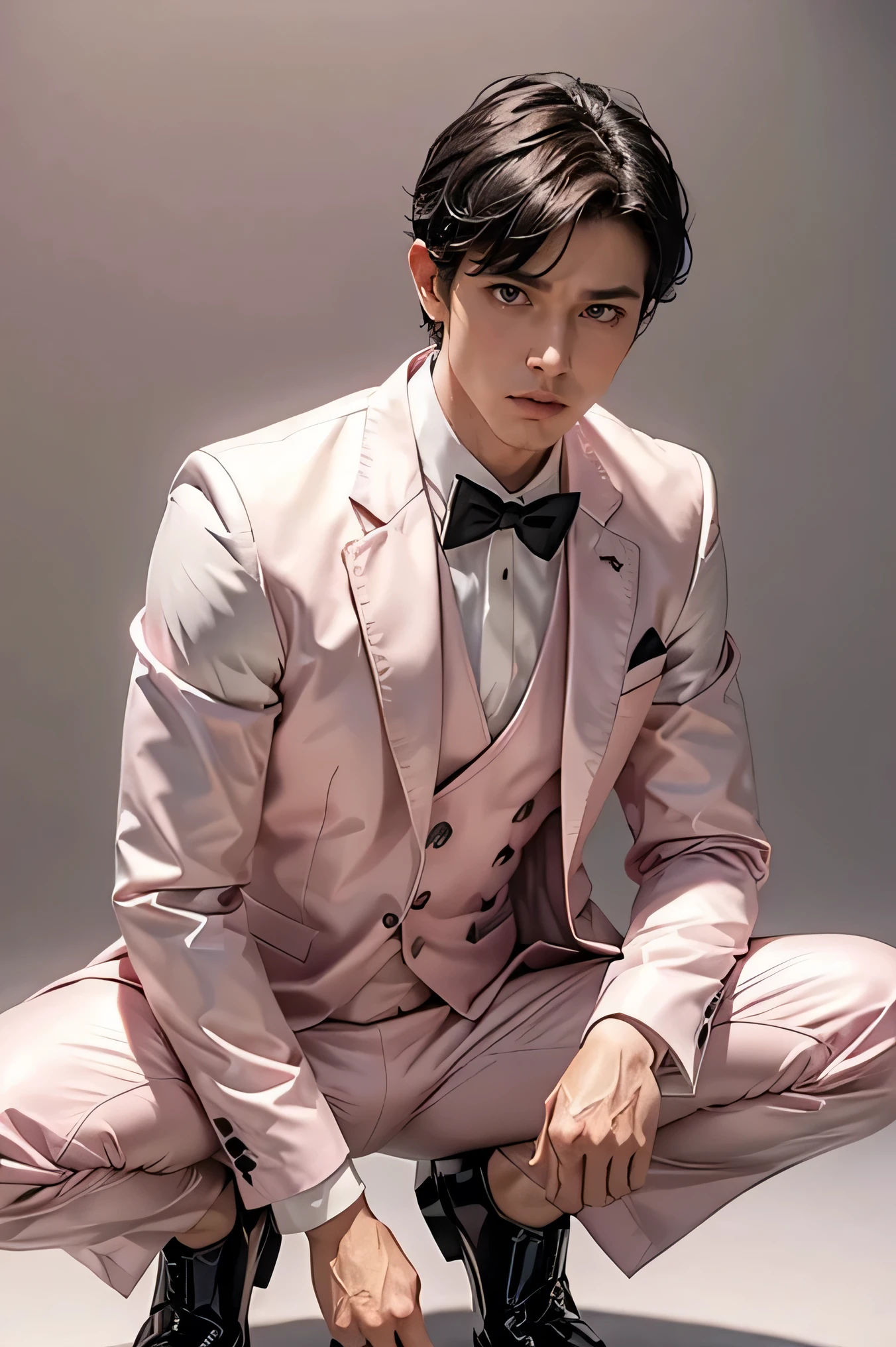 Short cut　Black Hair　Adult male　Fierce　　All pale pink tuxedo　All clothing is light pink　Crouching　latex　　Background Universe　Bulge　The vest has a single row of buttons