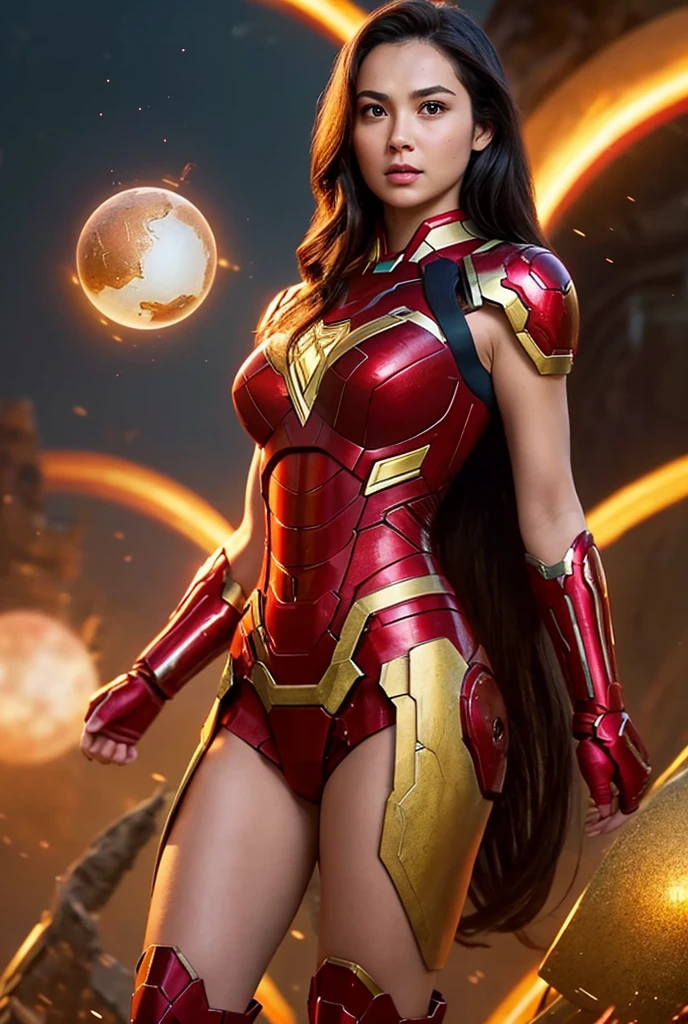 Full body A woman with the left side resembling Iron Man's armor in gold and red, and the right side inspired by Wonder Woman's Amazonian attire. She's standing in a magical realm filled with hyper-realistic landscapes and softly glowing orbs.