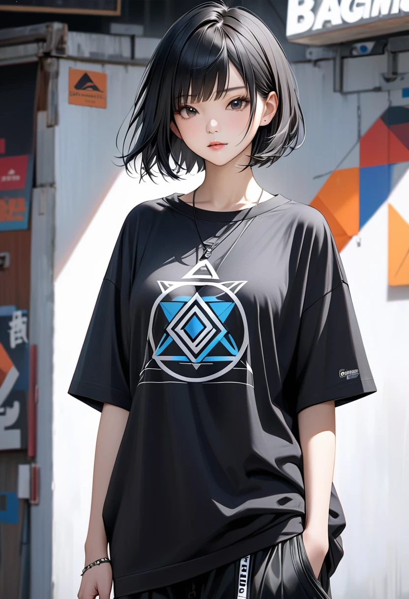 (pixelart: 1.2), beautiful gothic women, Sexy goth girl, Design sweatshirt coat with logos, pants, Cabello negro corto con puntas azules, dormitorio, Acostado en la cama, (por Isaac quek: 0.8) [Por Ilya Kuvshinov: 0.65]