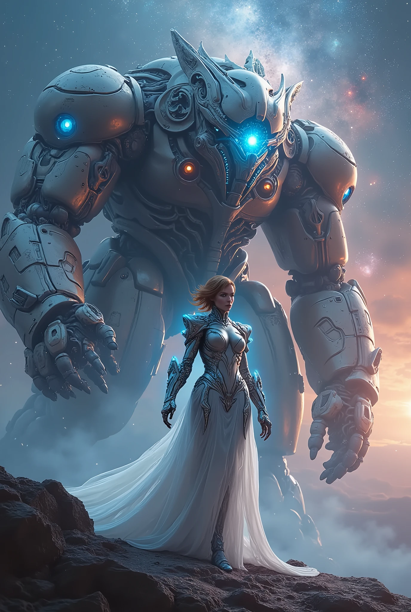 There is a woman standing in front of a huge, Inspired by Ken Kelly, epic album cover, Imogen Poots as Paladin, Ralph Horsley's Vibrant Colors, powerful wasteland princess, Skynet, intricate biopunk patterns, Queen of Warriors, Krull