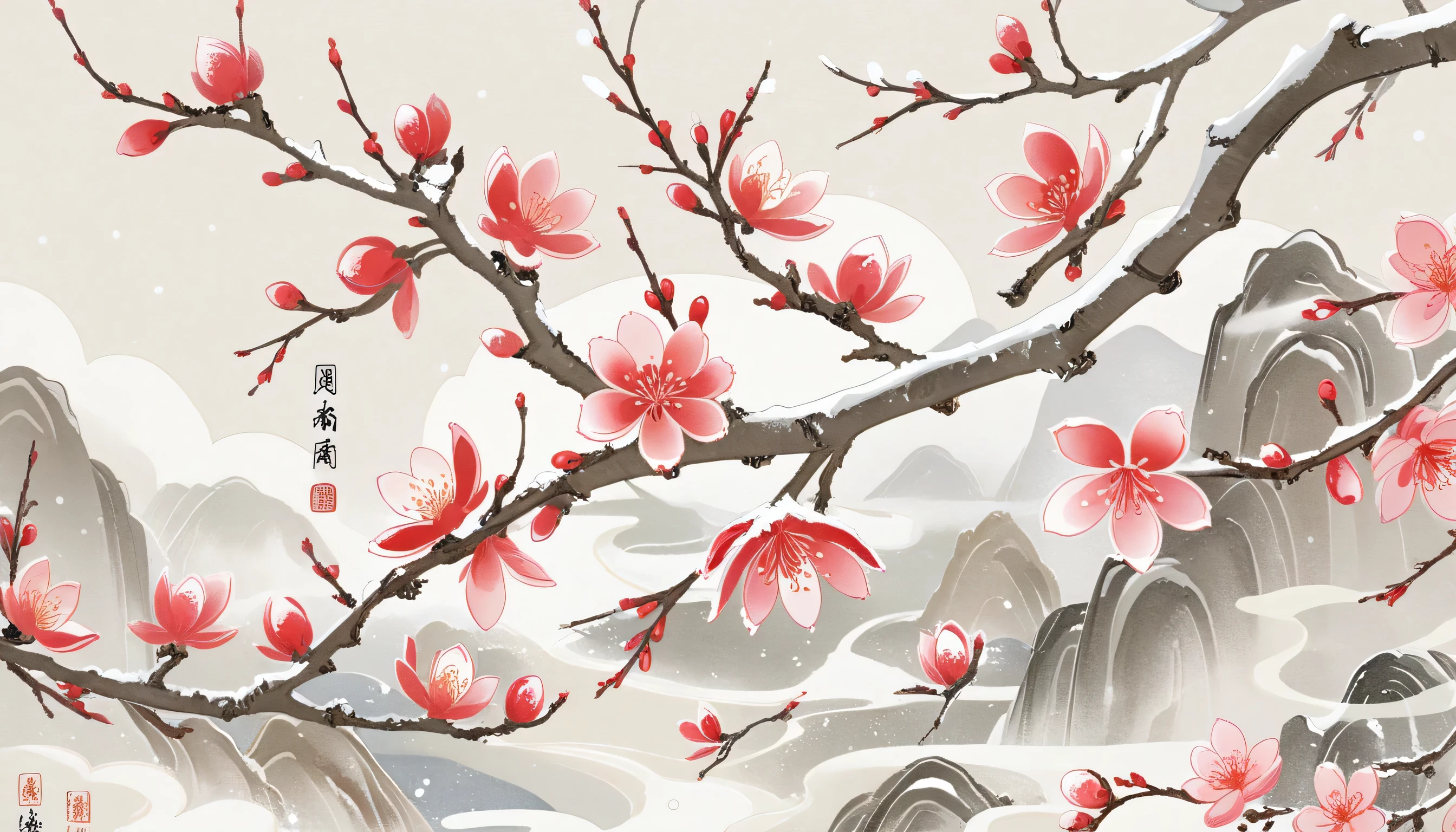 Snow weighs down the branches of plum blossoms，Mainly line illustrations，Simplicity