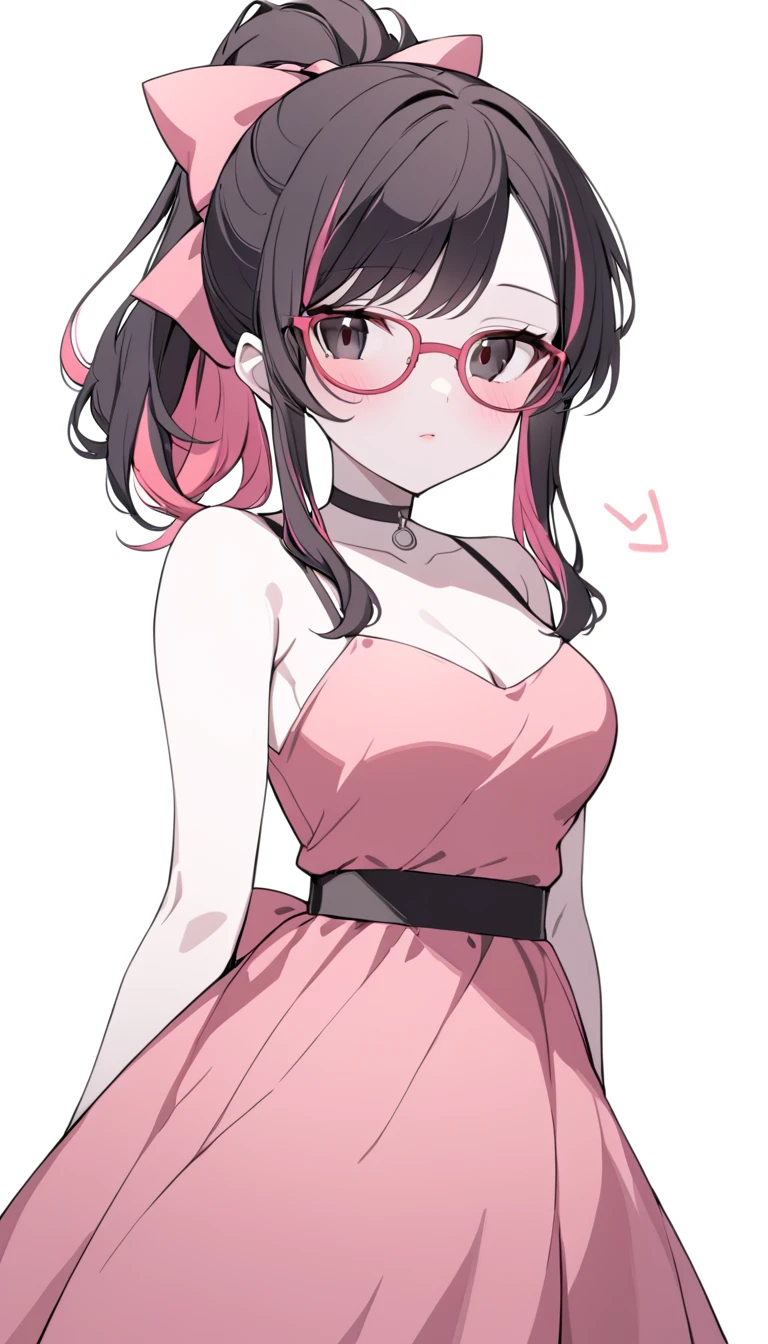 1 Girl, Medium Breasts, Raven Black Hair, Light Red Highlights In Hair, Ponytail Hair Style, Pink Ribbon In Hair, Long Hair, Light Red And Black Eyes, Pale Skin, Smooth Skin, Soft Features, Nice Lips, Cute Face, Cute Pink Clothes, Long Pink Dress, Choker, Glasses, 