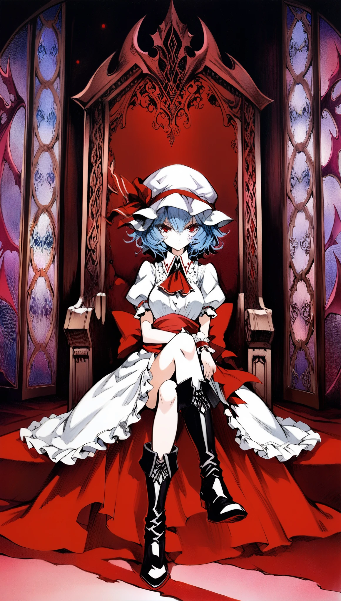 1girl, solo, ceiling, full body, crossed leg, sitting, royal throne, red carpet, red curtain, Window, red full moon, red night sky, Gloomy painting style, traditional media,
Anime Girls, remilia scarlet, blue hair, dress, frills, hat, hat ribbon, mob cap, pink dress, puffy sleeves, red ascot, red eyes, red sash, ribbon, sash, short hair, short sleeves, white dress, wings, wrist cuffs, knee boots,
Score_9,Score_8,score_7_up, source_anime, rating_questionable,