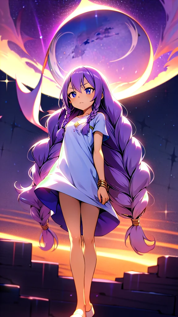 Anime, manga, female, very long hair, wavy hair, purple hair, dutch braids, side bangs, lilac eyes, masterpiece, beautiful, magic, purple aesthetic, eyes looking away, wears an oversized black t-shirt, closed mouth, neutral facial expression, night time, magical, starry night, full body, arms relaxed, high definition, no jewellery, small chest, small breasts, looking up to the sky