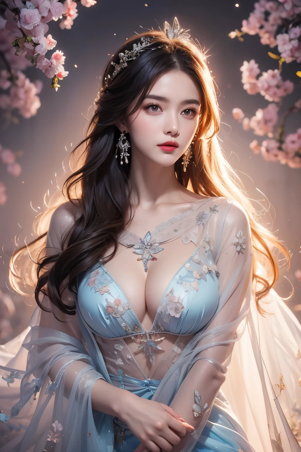 loose outfit、Show shoulders、Navel Ejection、How to wear a gown with a dark see-through halter neck broken、Decorated with intricate patterns and pastel colors、Transparent material that makes the skin shine、Artistic depiction of seductive woman in gown with wet thin cloth and transparent skin, Floral and fantastic pattern with flowing silky traditional see-through skin。Her dress draped elegantly around her curvaceous figure、Emphasizes her charming silhouette。She's a gentle fireworks night、Dynamic Posing、Sexy Posing、bathed in the soft glow of moonlight。The scene is、With a hint of mystery and sensuality、It exudes an ethereal dreamy atmosphere。The image style is、Incorporates a blend of watercolor and digital illustration techniques.、It makes you feel delicate beauty and charm。Soft moonlit lighting、Cast gentle highlights and shadows on her mesmerizing features。Dynamic Posing、Bold poses、The hand is somewhere、see -through、show through、A sexy、Wet hair、Wet、cherry trees、flower petals、cherryblossom、The cherry tree、Sakura blizzard、buried、Transparent skin、Wet clothes、Chest Pulling、Translucent clothes、Eau、nudde、garterbelts、fishnet tights、huge moon、Upper body photography、masutepiece
