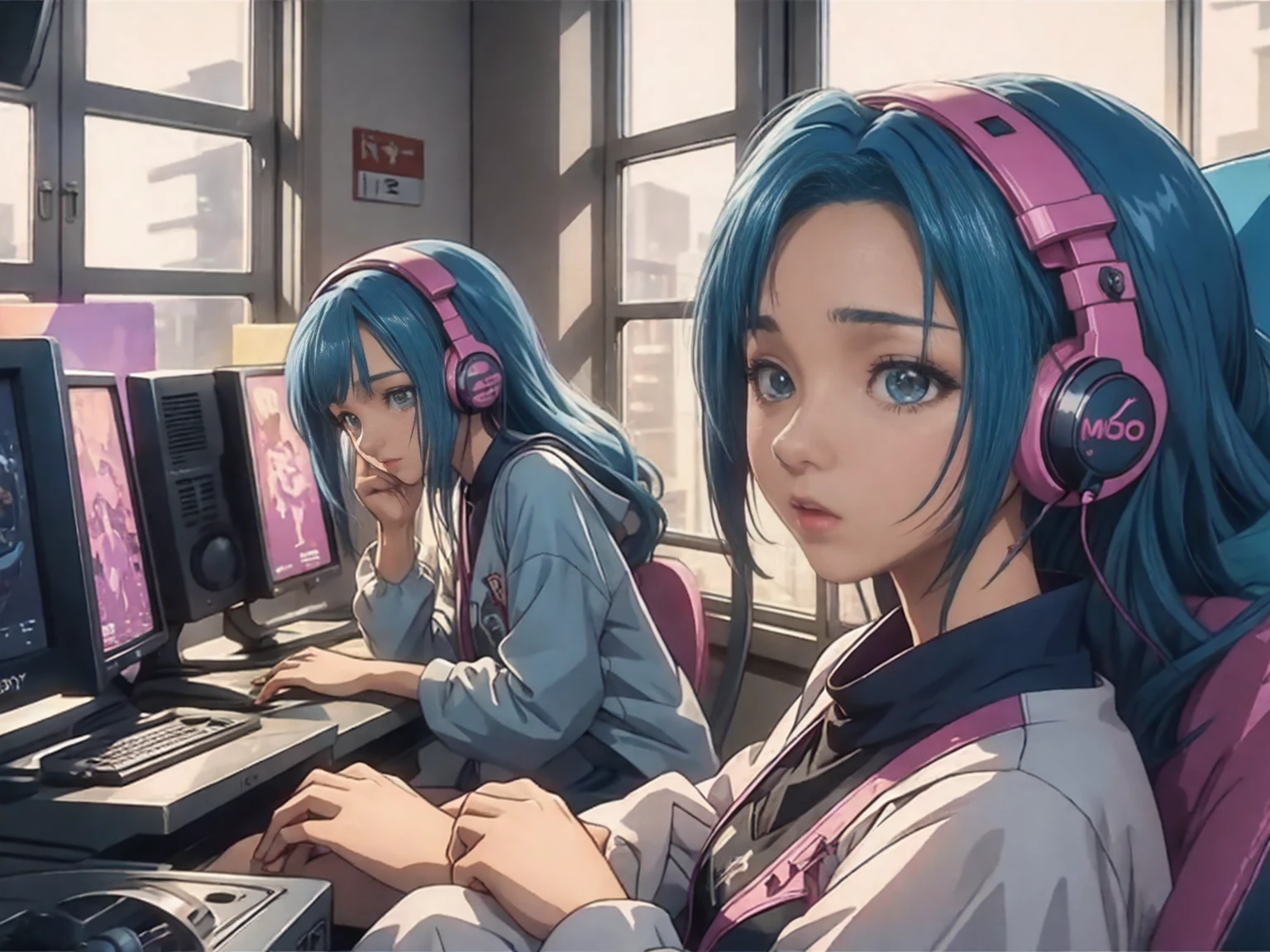 High resolution,High Definition,high quality,Girls playing games,Gaming Computer,Erogeo art style, Roffey Art, zero vibrations, Hip Hop Lofi,Midea, Lo-fi art, Lo-fi illustration style, zero, Portrait of Roffey, vibe zero, zero, Chill Hop, Anime aesthetics,Japanese Style,Large windows,Girl wearing headphones,sunset